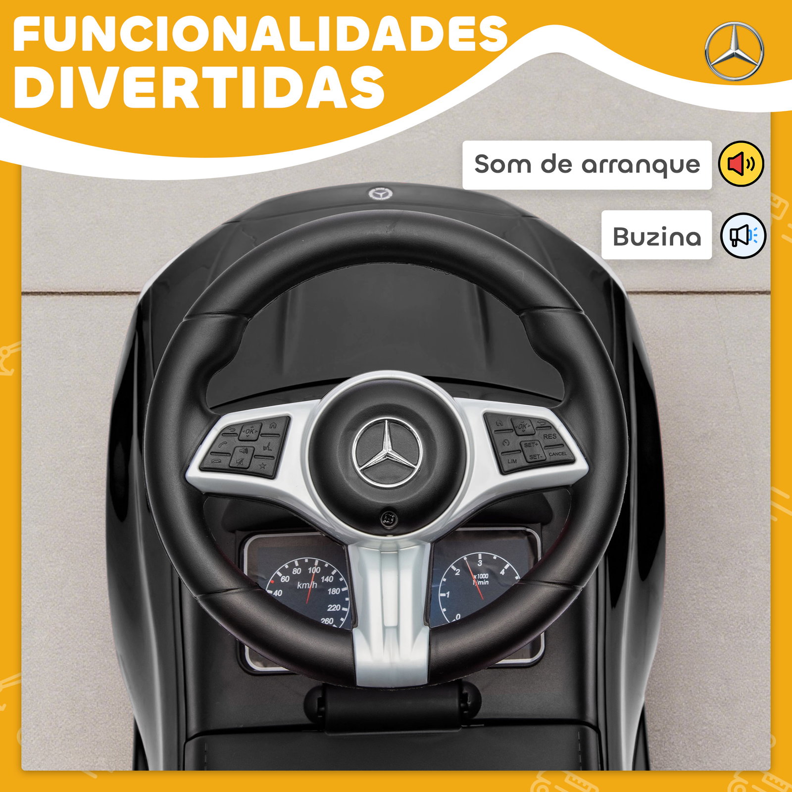 Carro andador para crianças mercedes-benz classe c com buzina volante sons de motor e espaço de armazenamento 65x28x39 cm preto