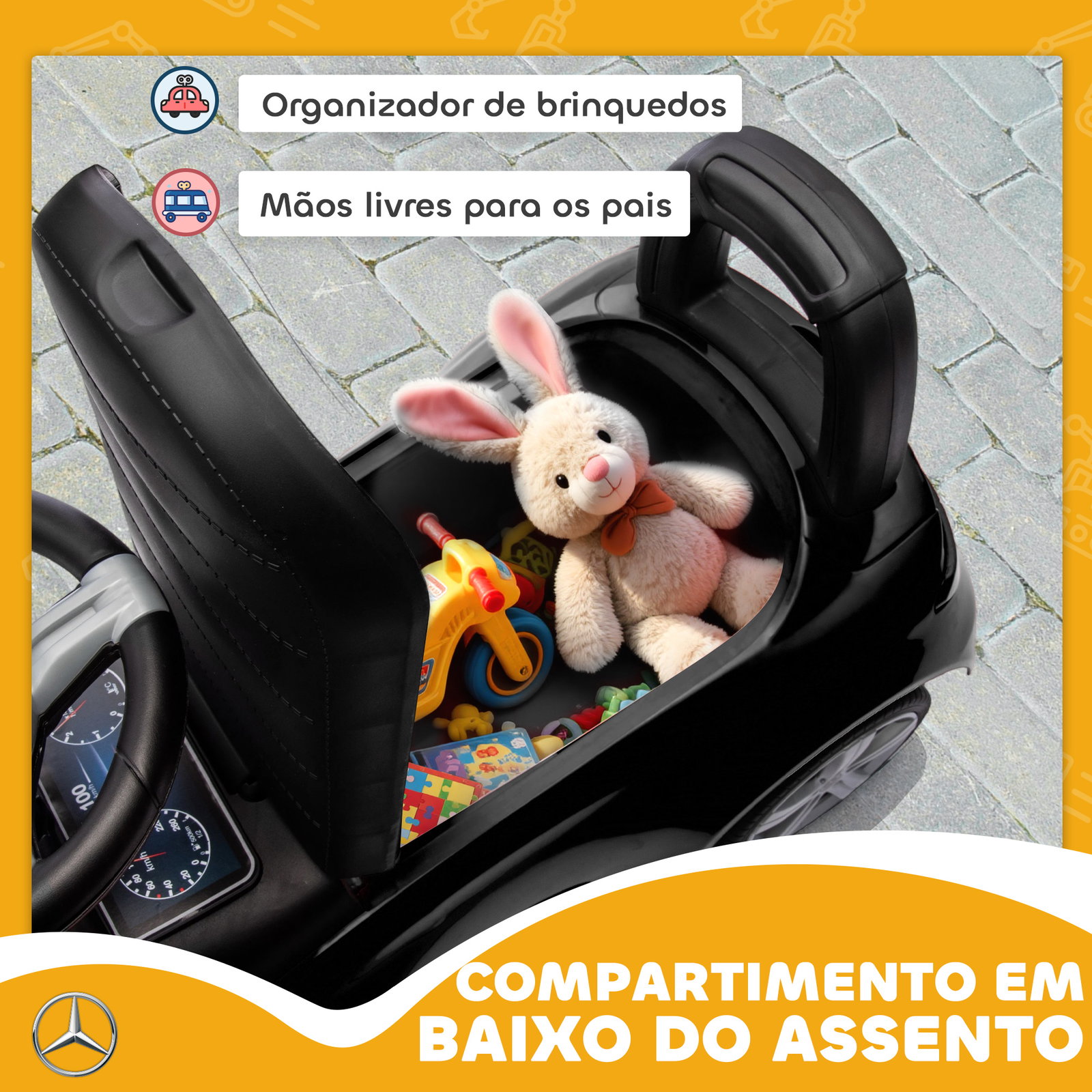 Carro andador para crianças mercedes-benz classe c com buzina volante sons de motor e espaço de armazenamento 65x28x39 cm preto