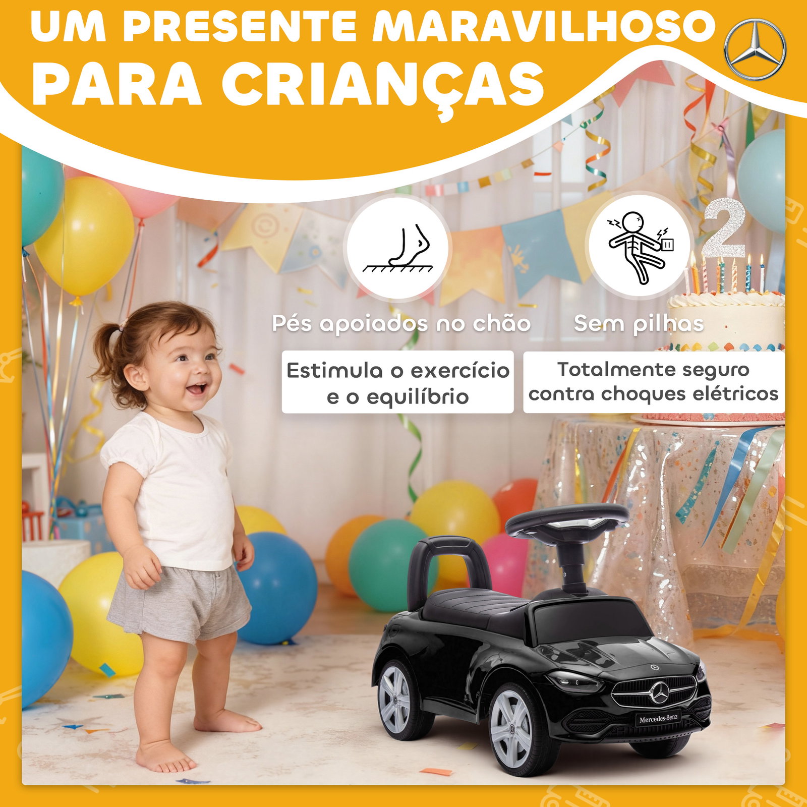 Carro andador para crianças mercedes-benz classe c com buzina volante sons de motor e espaço de armazenamento 65x28x39 cm preto