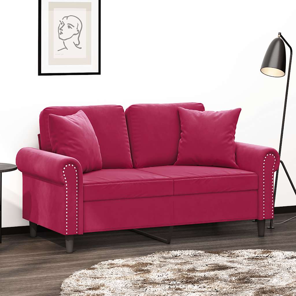 Sofá 2 lug. + almofadas decorativas 120cm veludo vermelho tinto