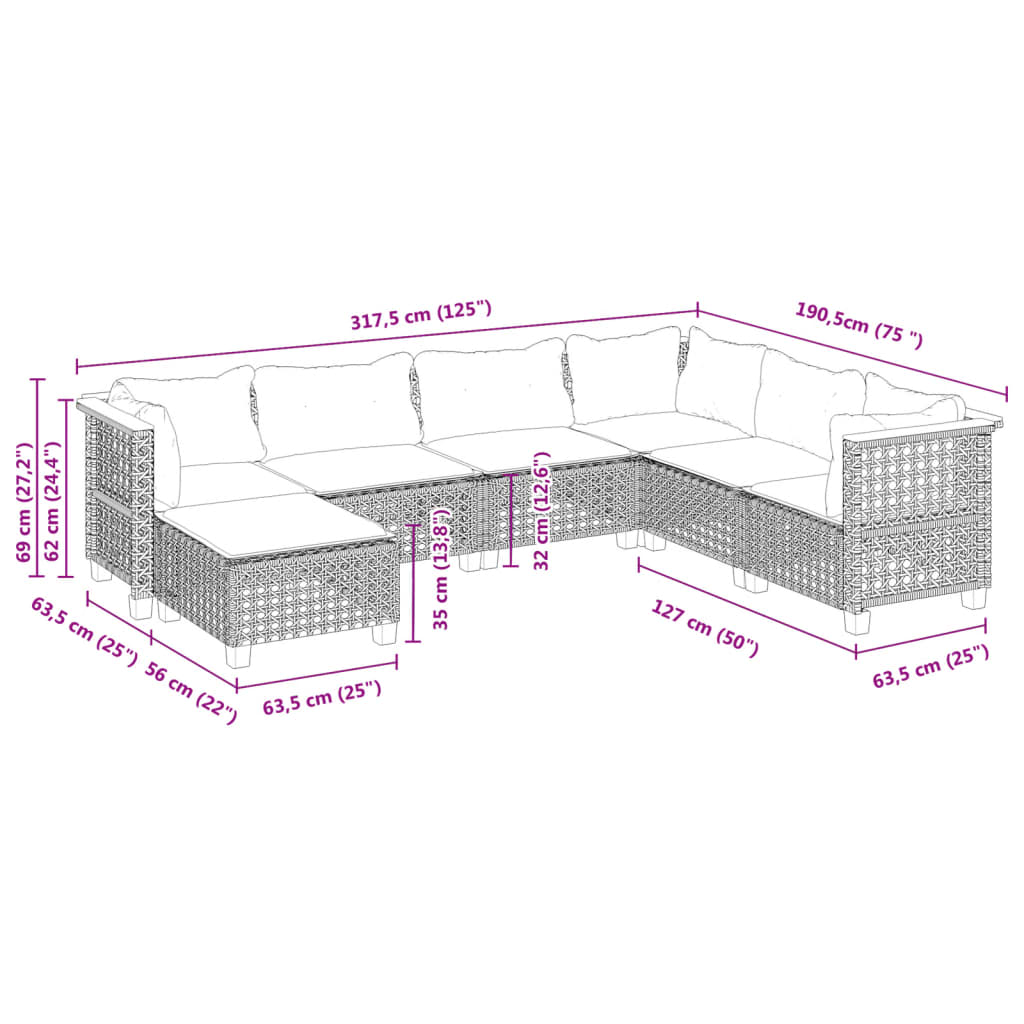 7 Pcs conjunto de sofás p/ jardim c/ almofadões vime PE preto