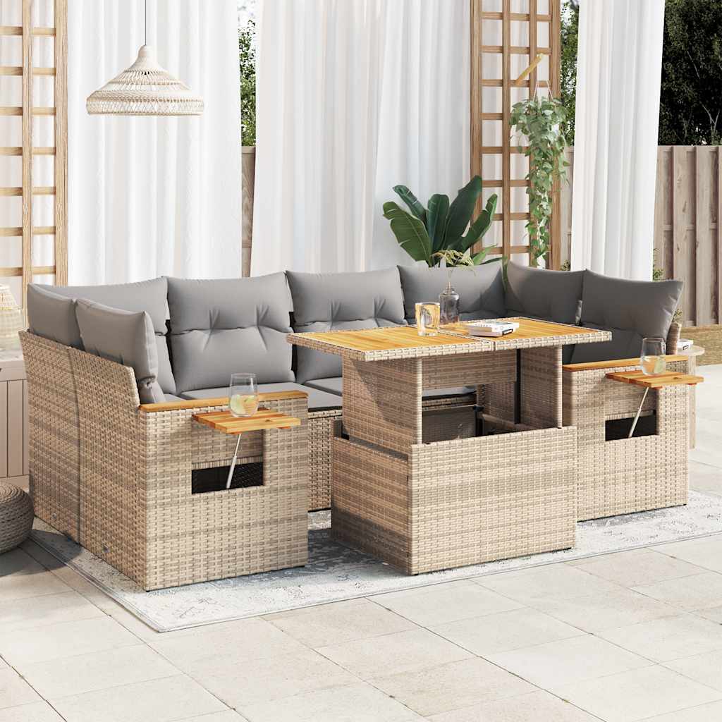 7 Pcs conjunto sofás jardim com almofadões vime PE/acácia bege