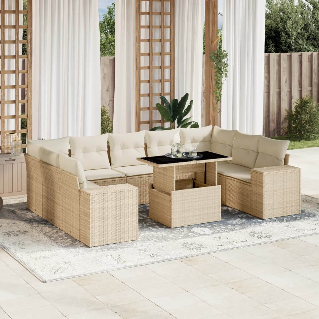 10 Pcs conjunto de sofás p/ jardim com almofadões vime PE bege