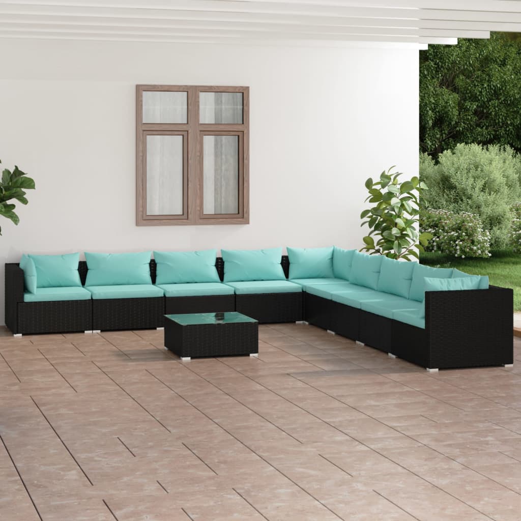 10 Pcs conjunto lounge de jardim c/ almofadões vime PE preto