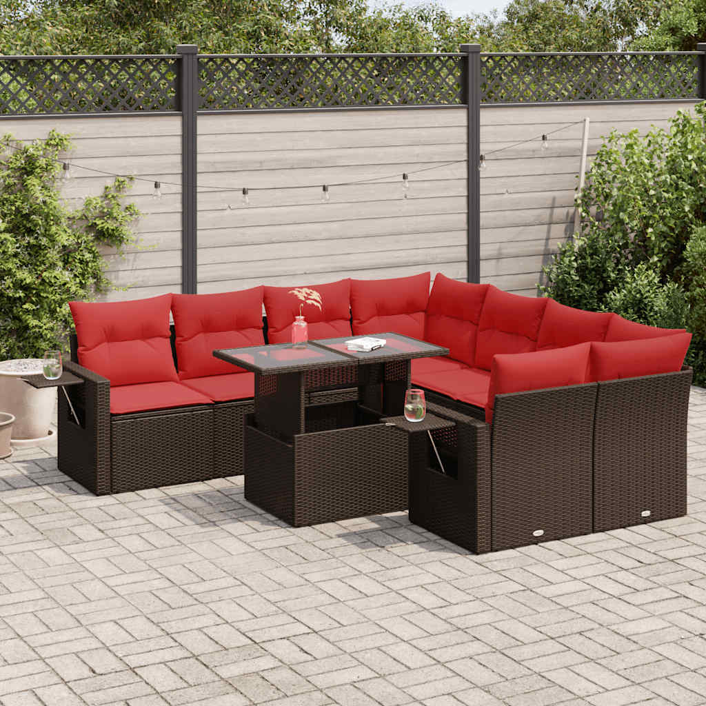 9 Pcs conjunto sofás jardim almofadões vime PE/acácia castanho