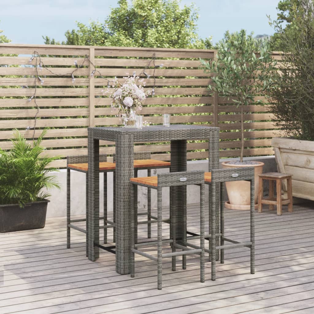 5 Pcs conjunto de bar p/ jardim vime PE/acácia maciça cinzento