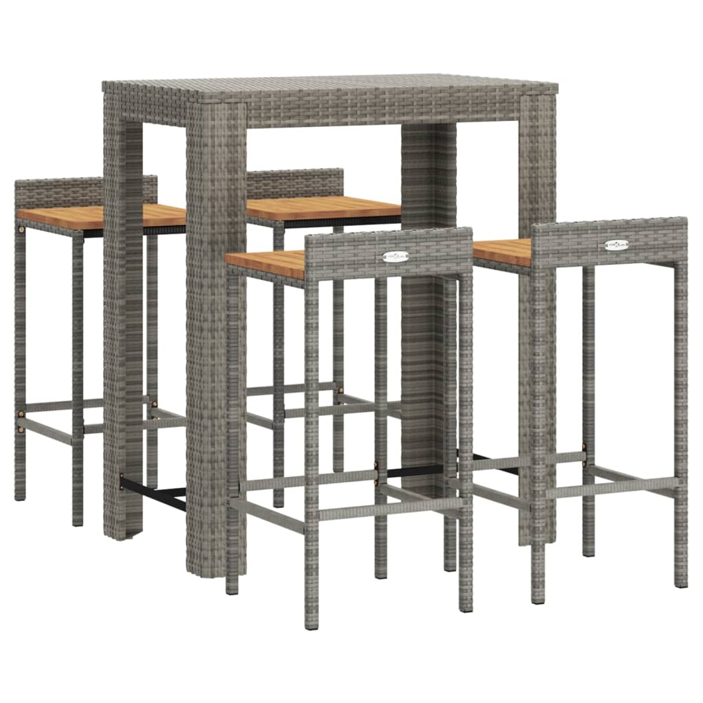 5 Pcs conjunto de bar p/ jardim vime PE/acácia maciça cinzento