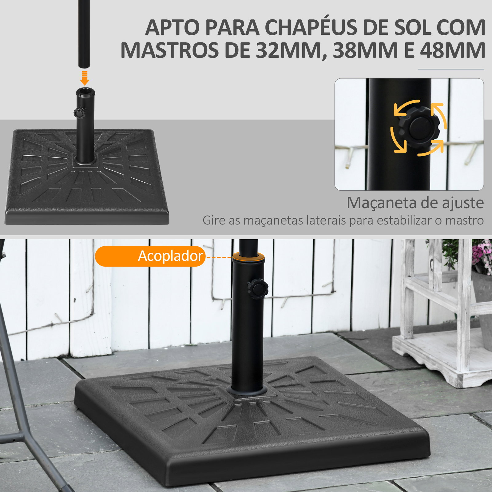 Base para chapéu de sol de resina 19 kg com mastro de ø32/38/48 mm para jardim varanda pátio 51x51x32 cm preto