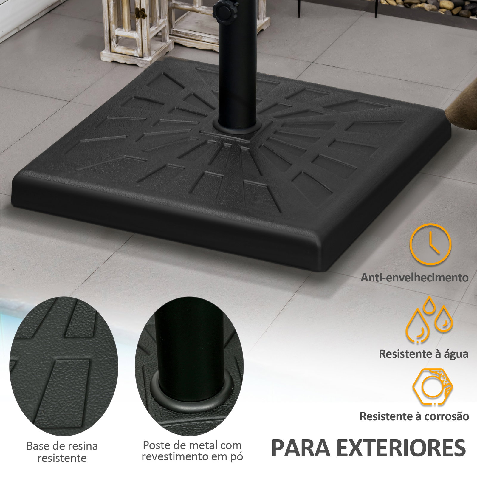 Base para chapéu de sol de resina 19 kg com mastro de ø32/38/48 mm para jardim varanda pátio 51x51x32 cm preto