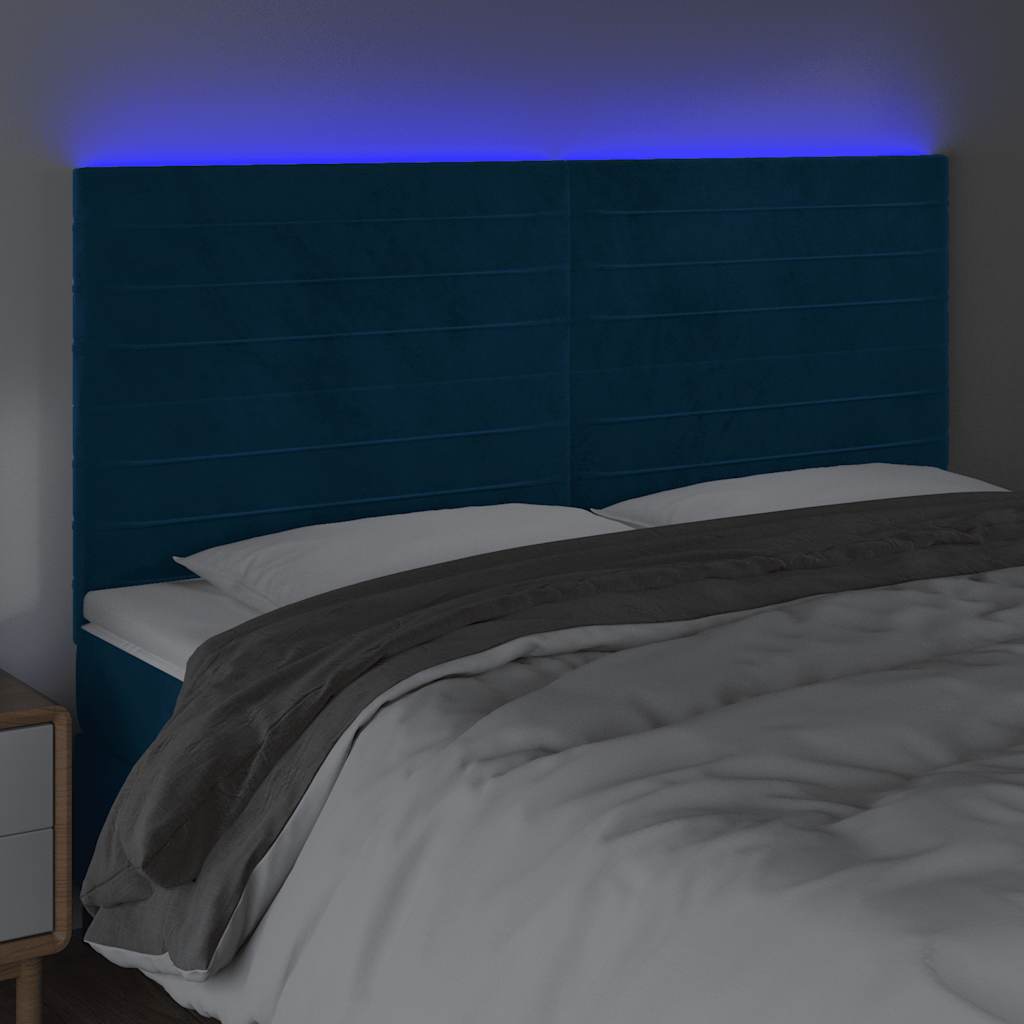 Cabeceira cama c/ luzes LED veludo 160x5x118/128cm azul-escuro