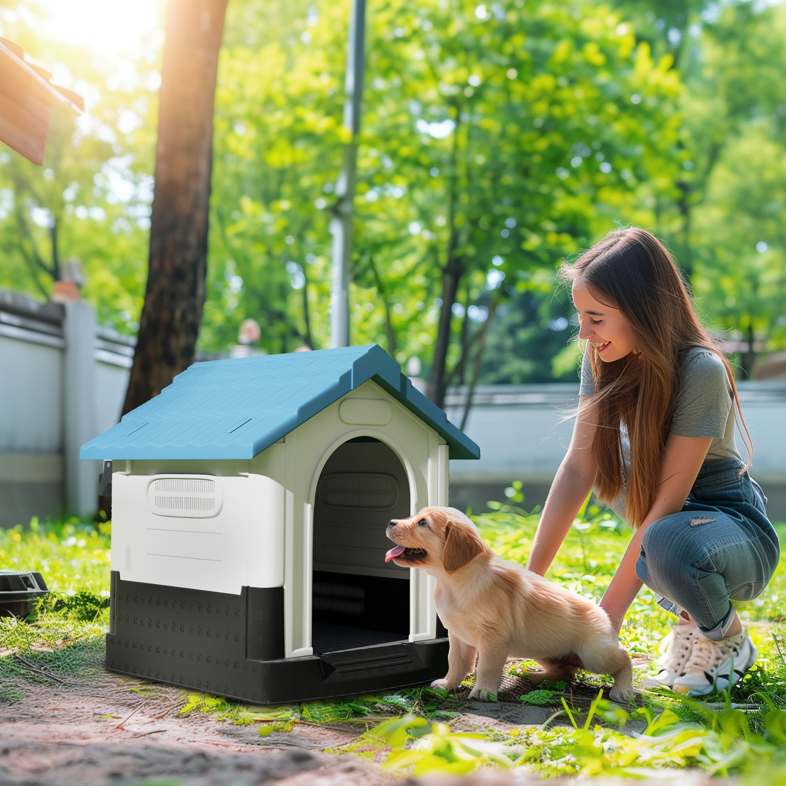 Casa para cães mini de exterior em plástico com 3 janelas base elevada telhado inclinado 64,5x57x66 cm azul