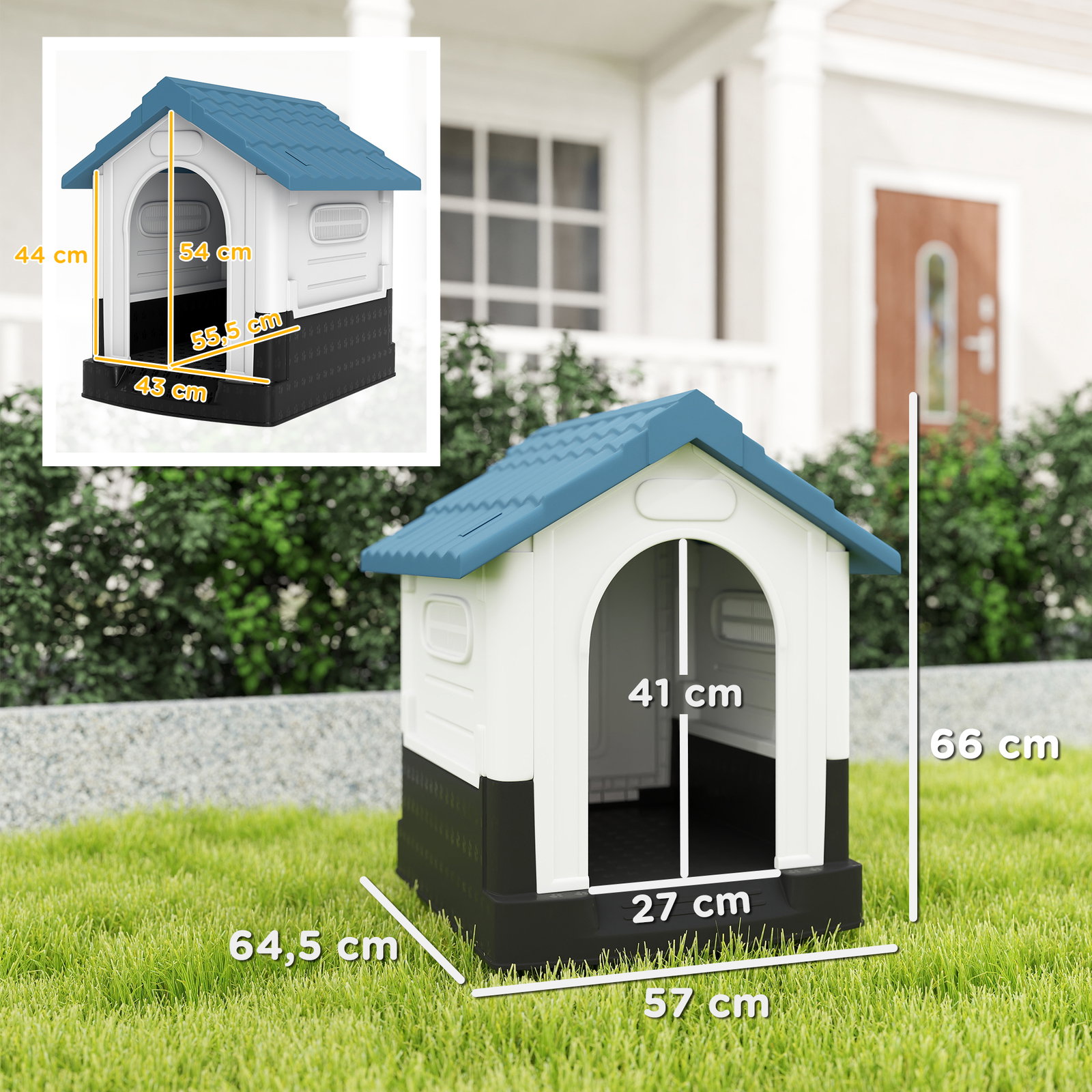 Casa para cães mini de exterior em plástico com 3 janelas base elevada telhado inclinado 64,5x57x66 cm azul