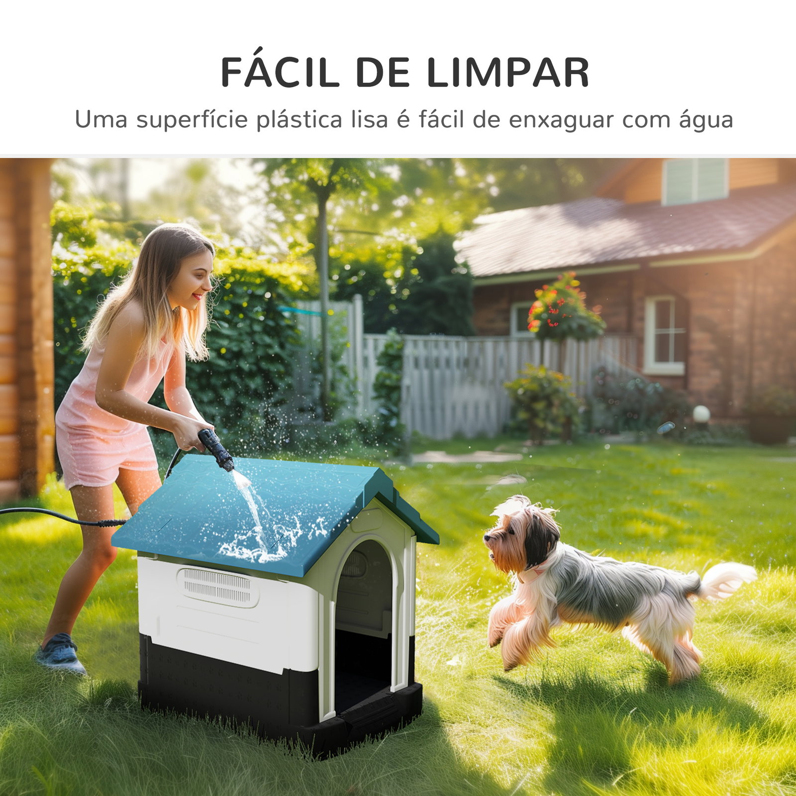 Casa para cães mini de exterior em plástico com 3 janelas base elevada telhado inclinado 64,5x57x66 cm azul