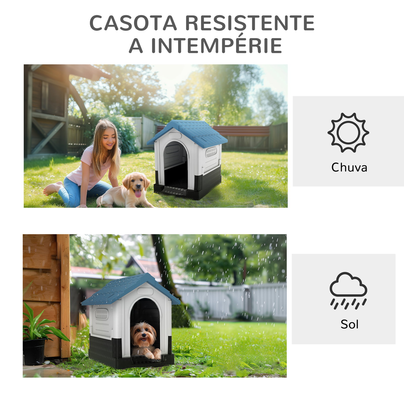 Casa para cães mini de exterior em plástico com 3 janelas base elevada telhado inclinado 64,5x57x66 cm azul