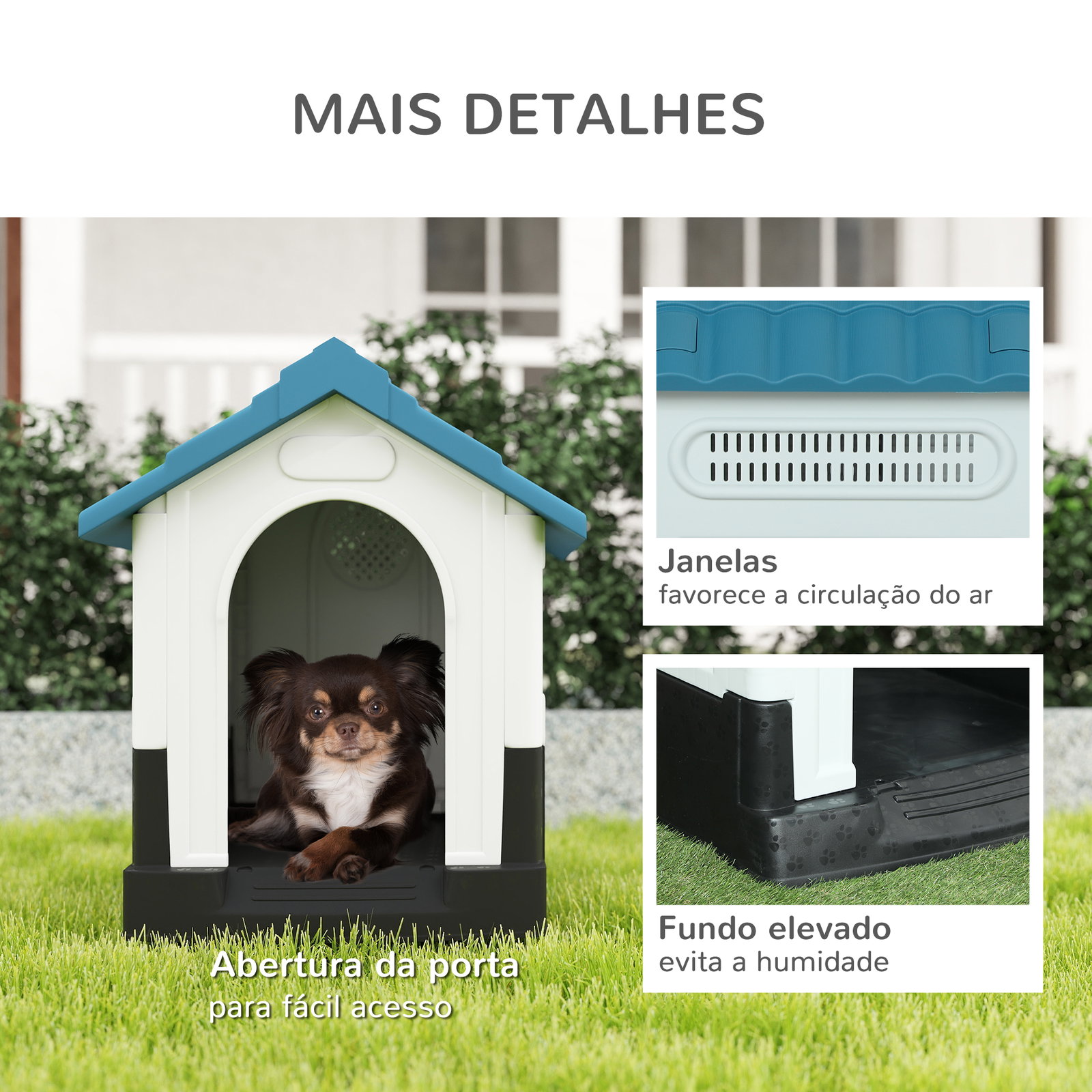 Casa para cães mini de exterior em plástico com 3 janelas base elevada telhado inclinado 64,5x57x66 cm azul
