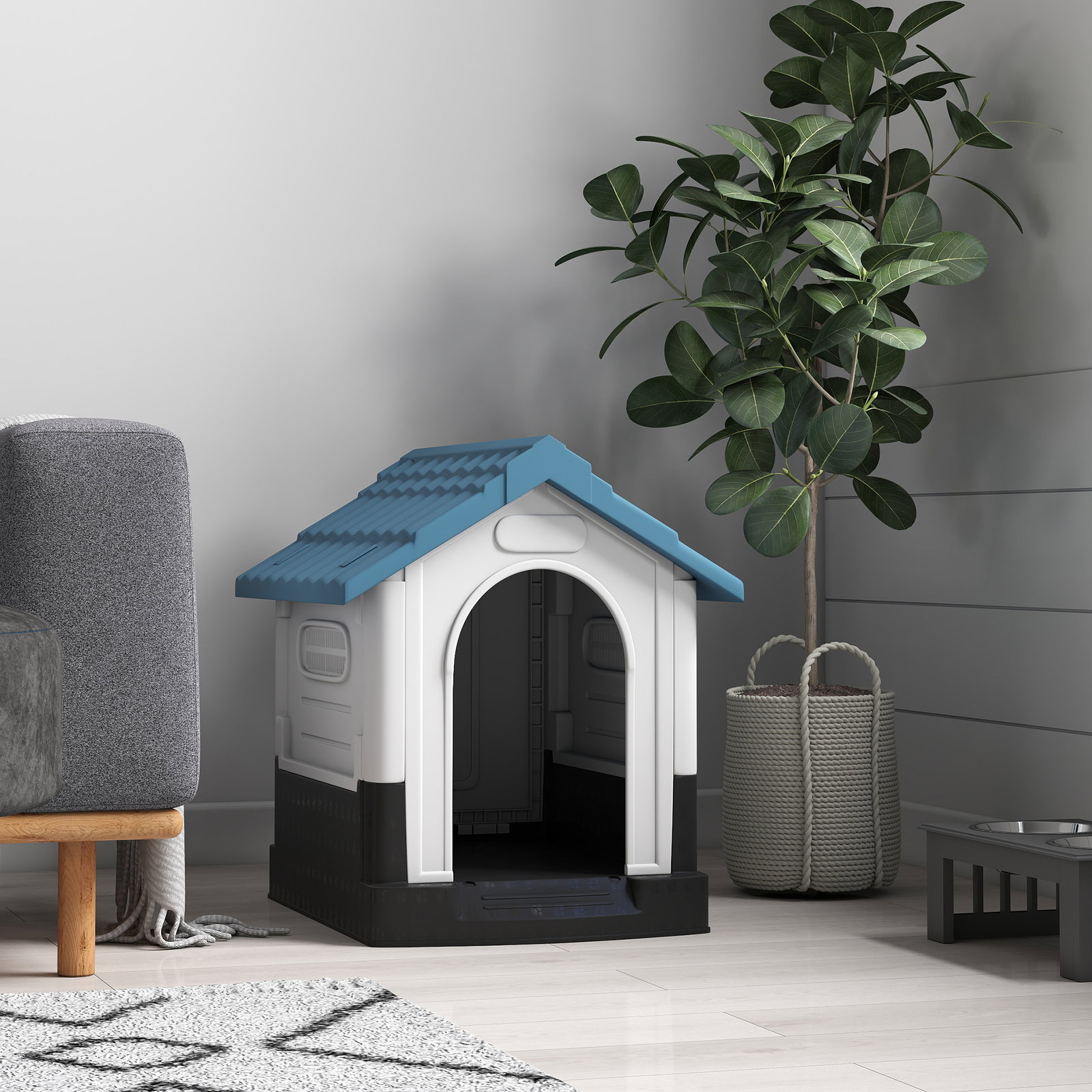 Casa para cães mini de exterior em plástico com 3 janelas base elevada telhado inclinado 64,5x57x66 cm azul