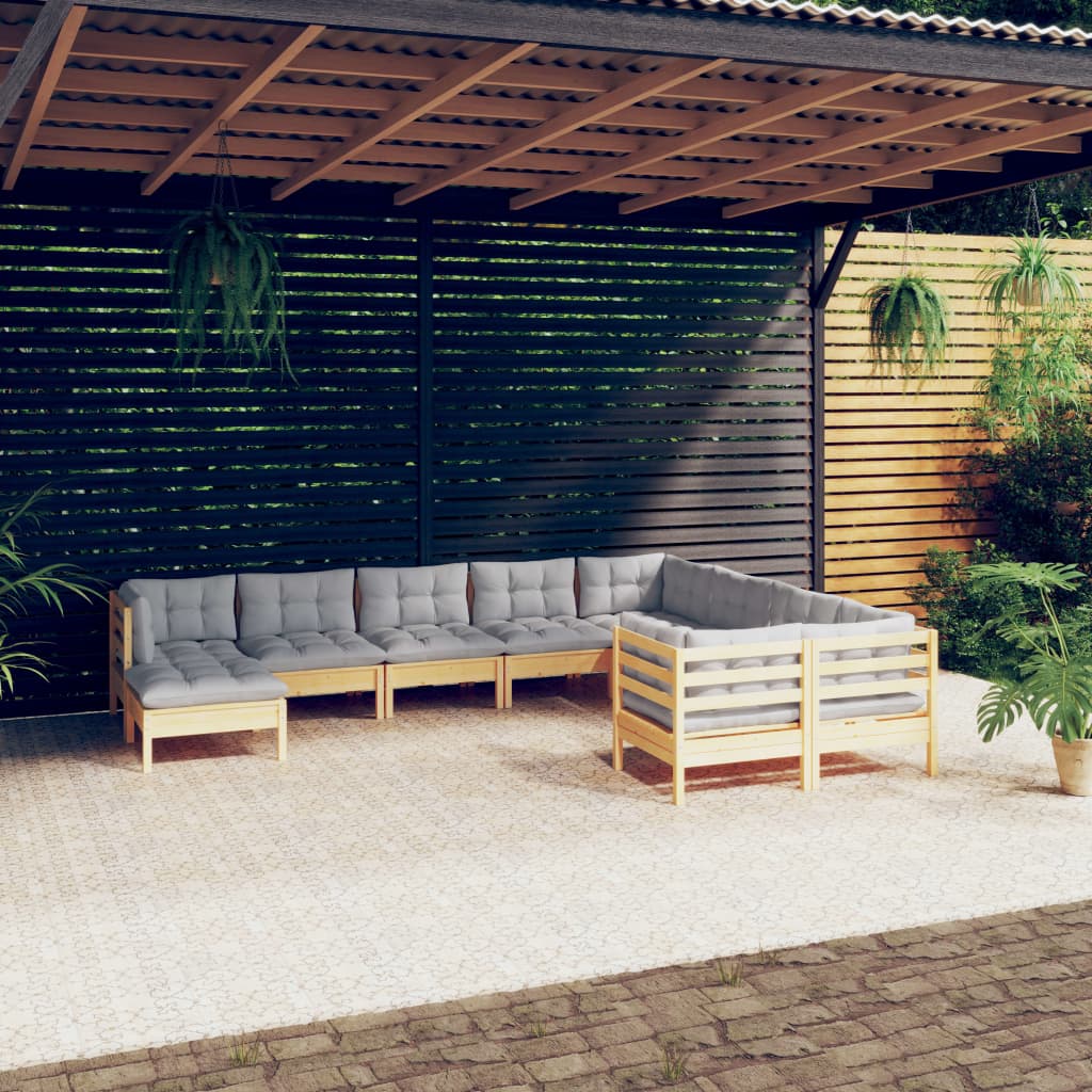 10 Pcs conjunto lounge de jardim c/ almofadões cinza pinho