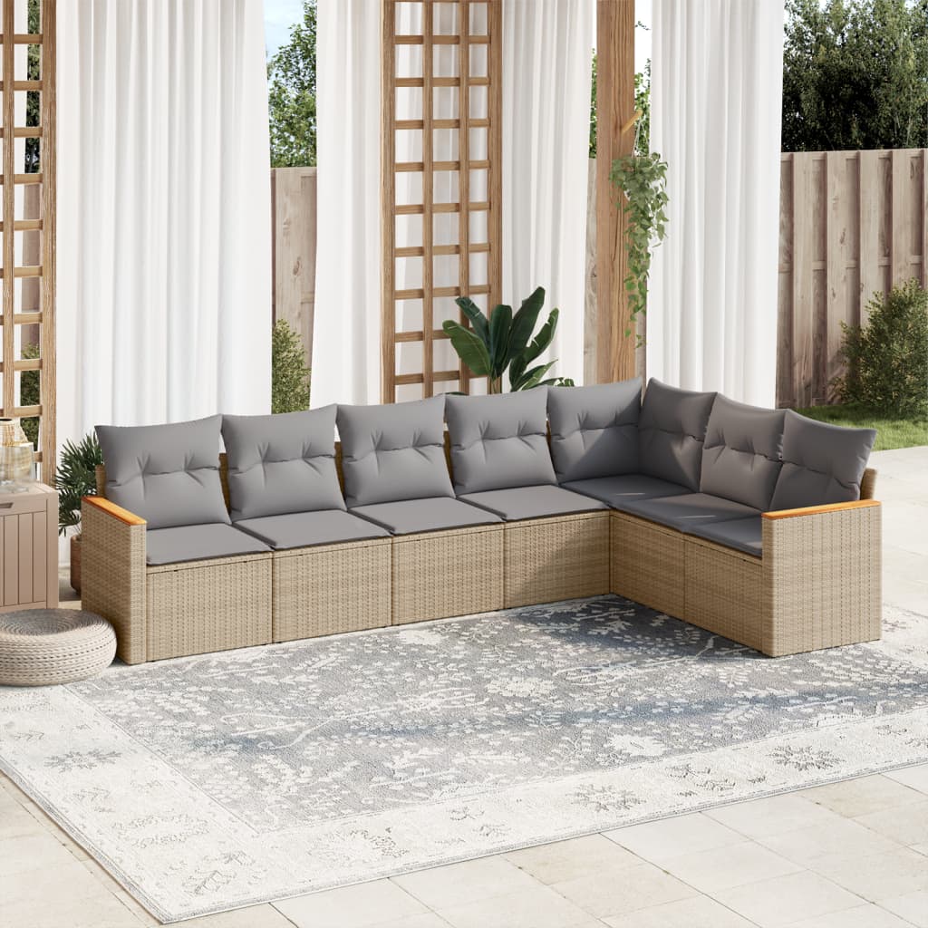7 Pcs conj. sofás jardim c/ almofadões vime PE bege misturado