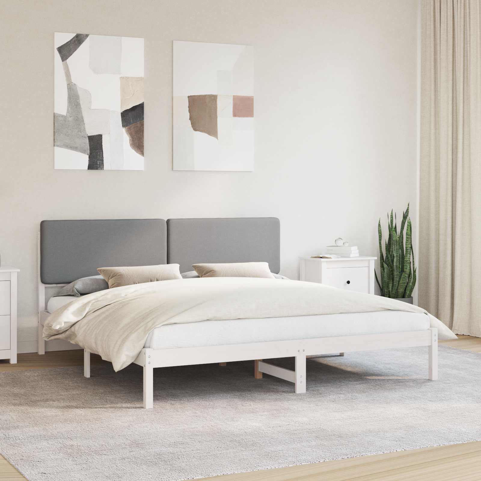Estrutura de cama com cabeceira estofada cinzento-claro