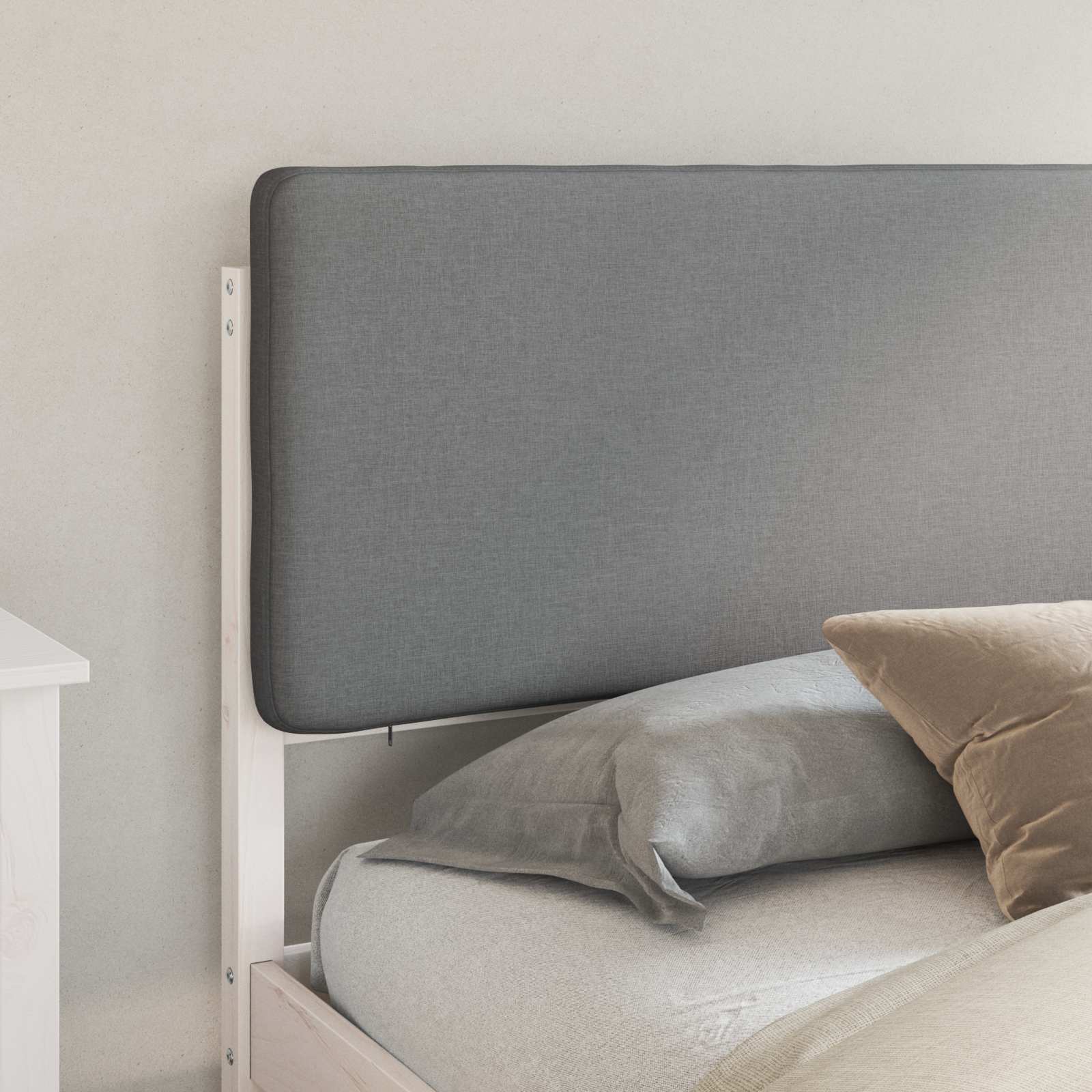 Estrutura de cama com cabeceira estofada cinzento-claro