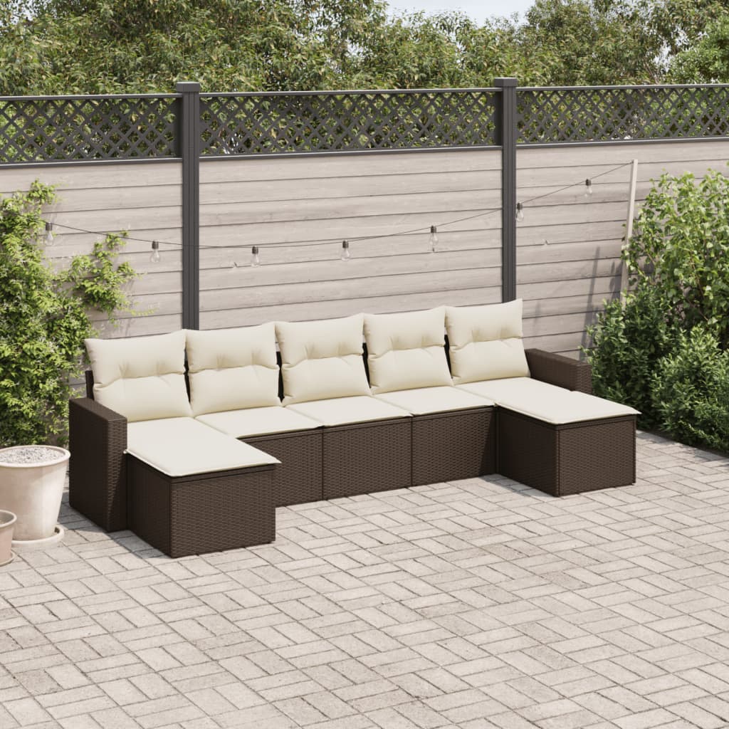 7 Pcs conjunto de sofás jardim c/ almofadões vime PE castanho