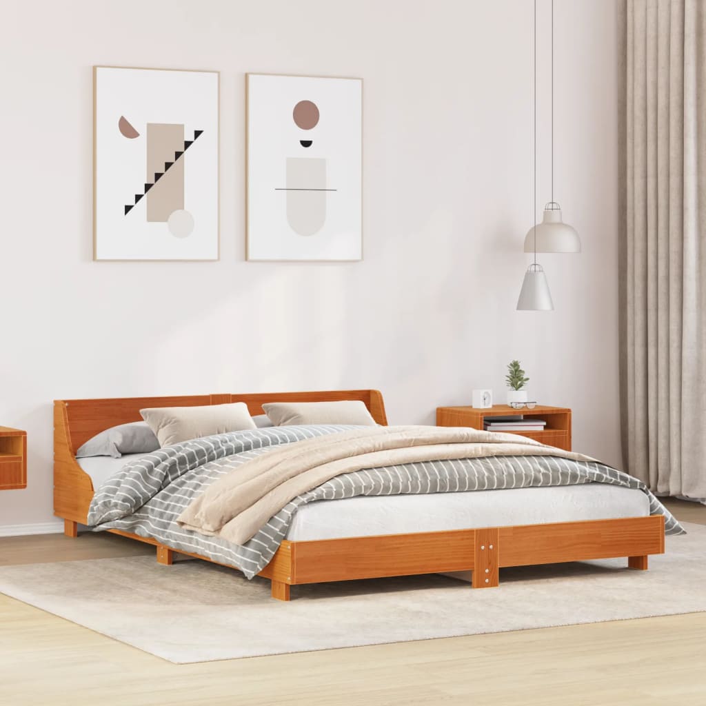 Cama sem colchão 140x200 cm madeira pinho maciça castanho-mel