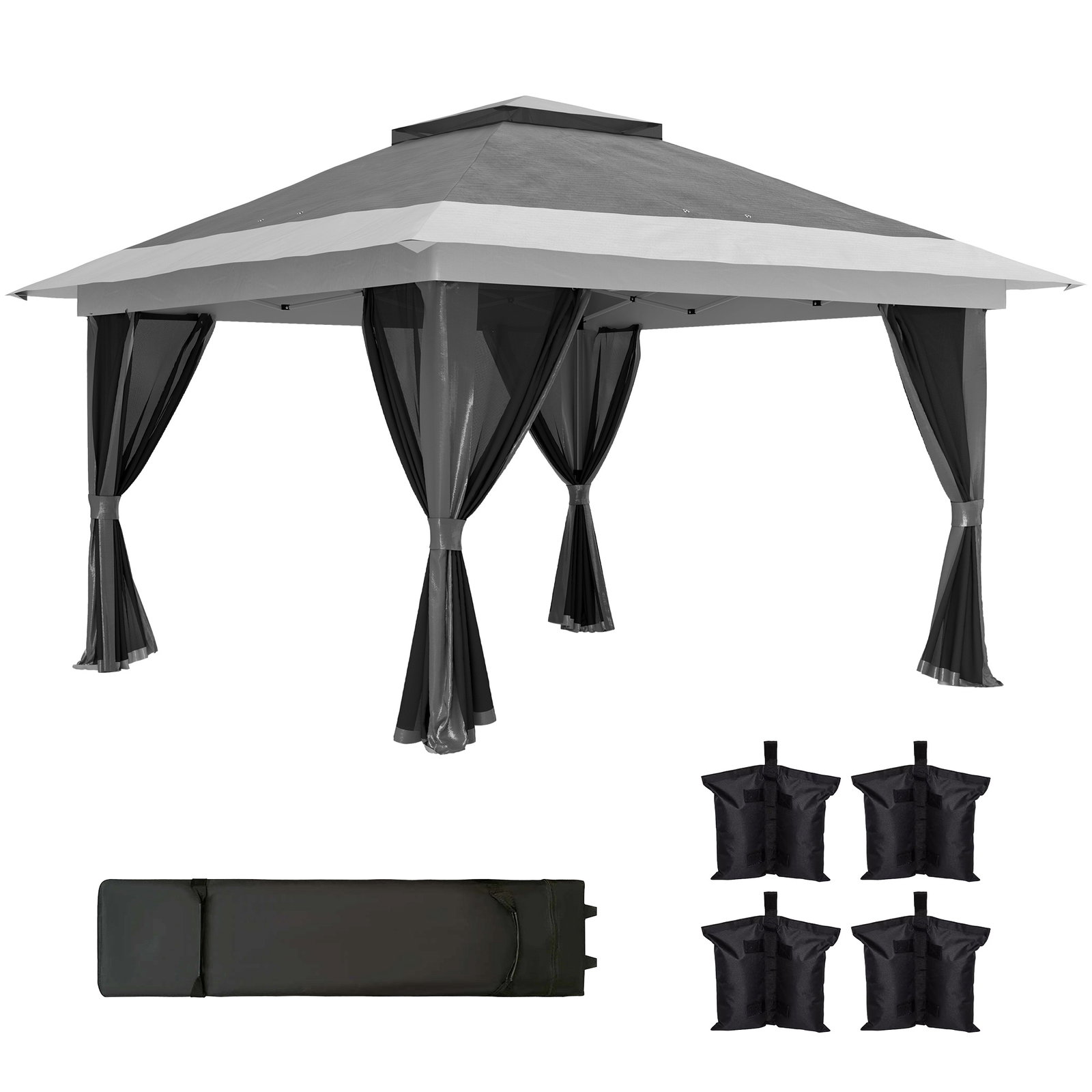 Pérgola dobrável 356x356x280 cm com 4 paredes laterais de malha anti-UV altura ajustável e bolsa de transporte cinza escuro