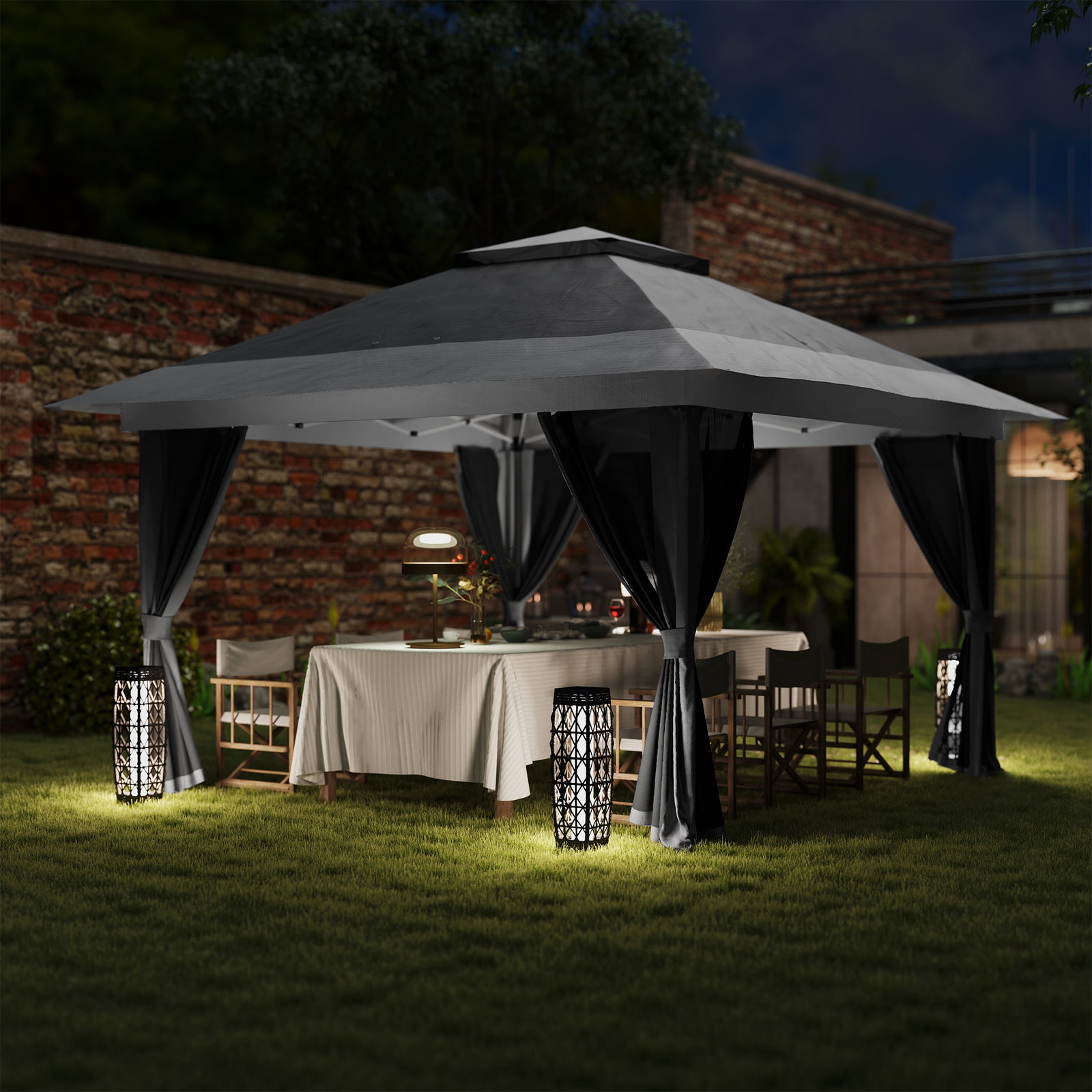 Pérgola dobrável 356x356x280 cm com 4 paredes laterais de malha anti-UV altura ajustável e bolsa de transporte cinza escuro