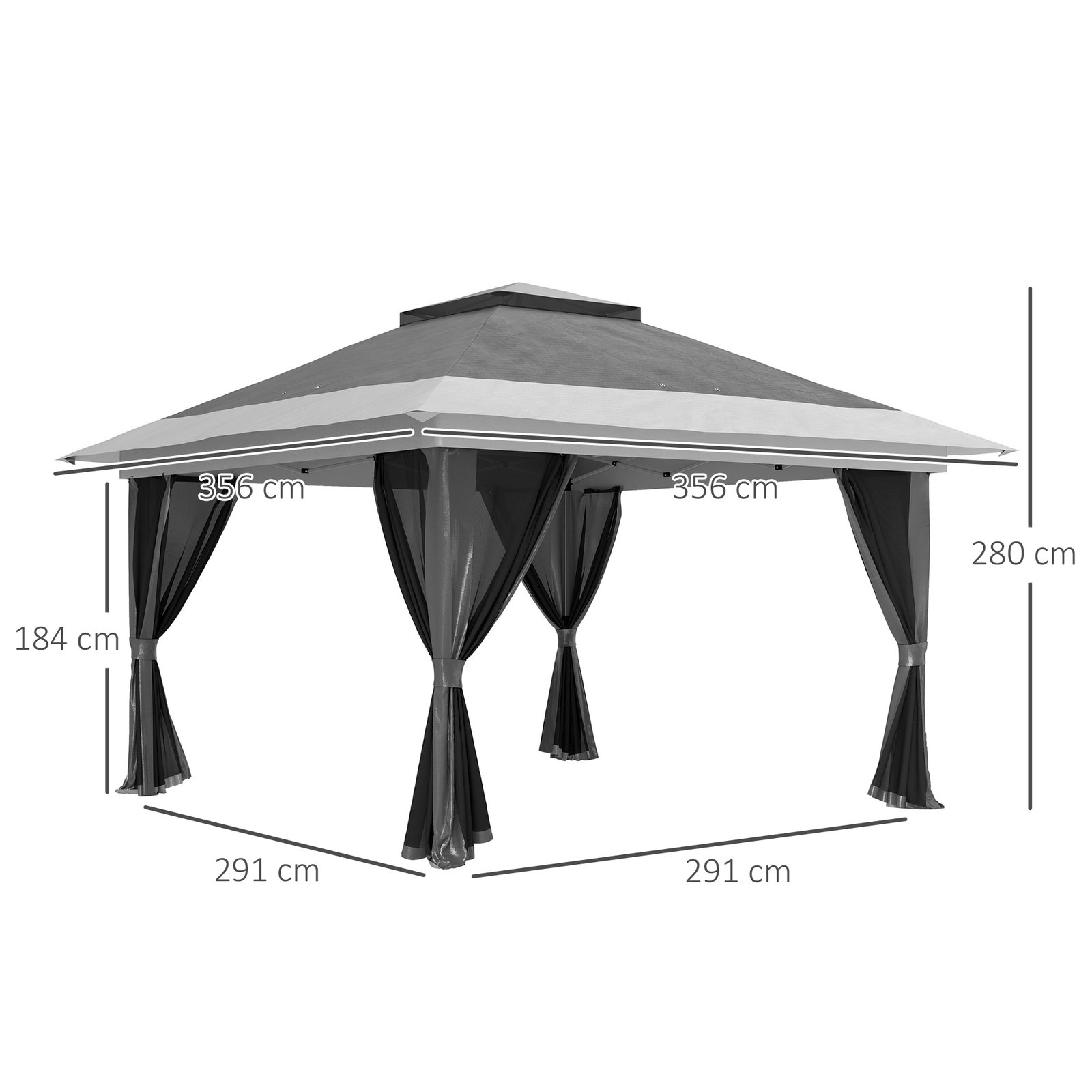 Pérgola dobrável 356x356x280 cm com 4 paredes laterais de malha anti-UV altura ajustável e bolsa de transporte cinza escuro