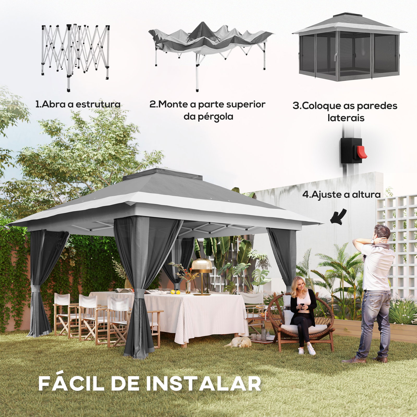 Pérgola dobrável 356x356x280 cm com 4 paredes laterais de malha anti-UV altura ajustável e bolsa de transporte cinza escuro
