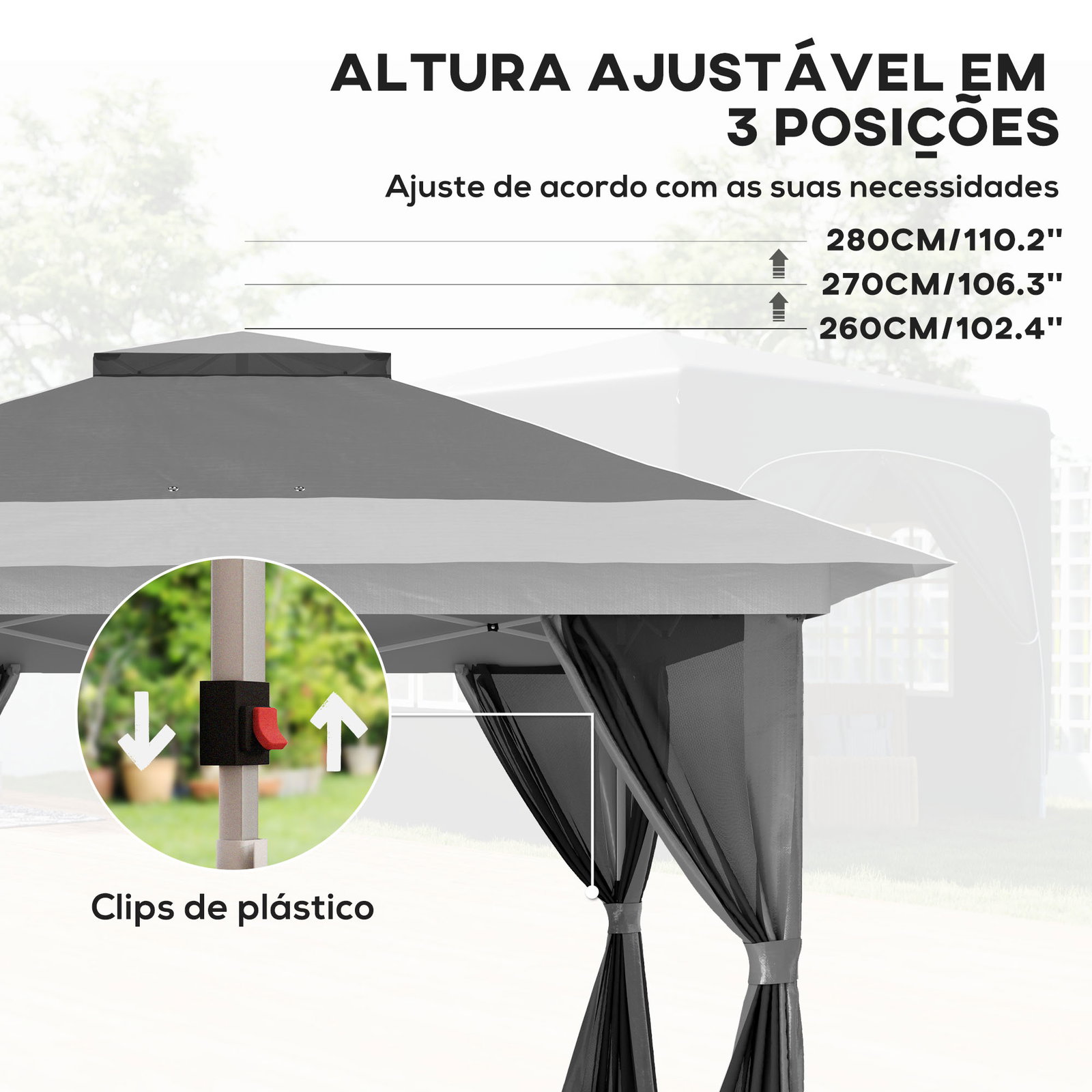 Pérgola dobrável 356x356x280 cm com 4 paredes laterais de malha anti-UV altura ajustável e bolsa de transporte cinza escuro