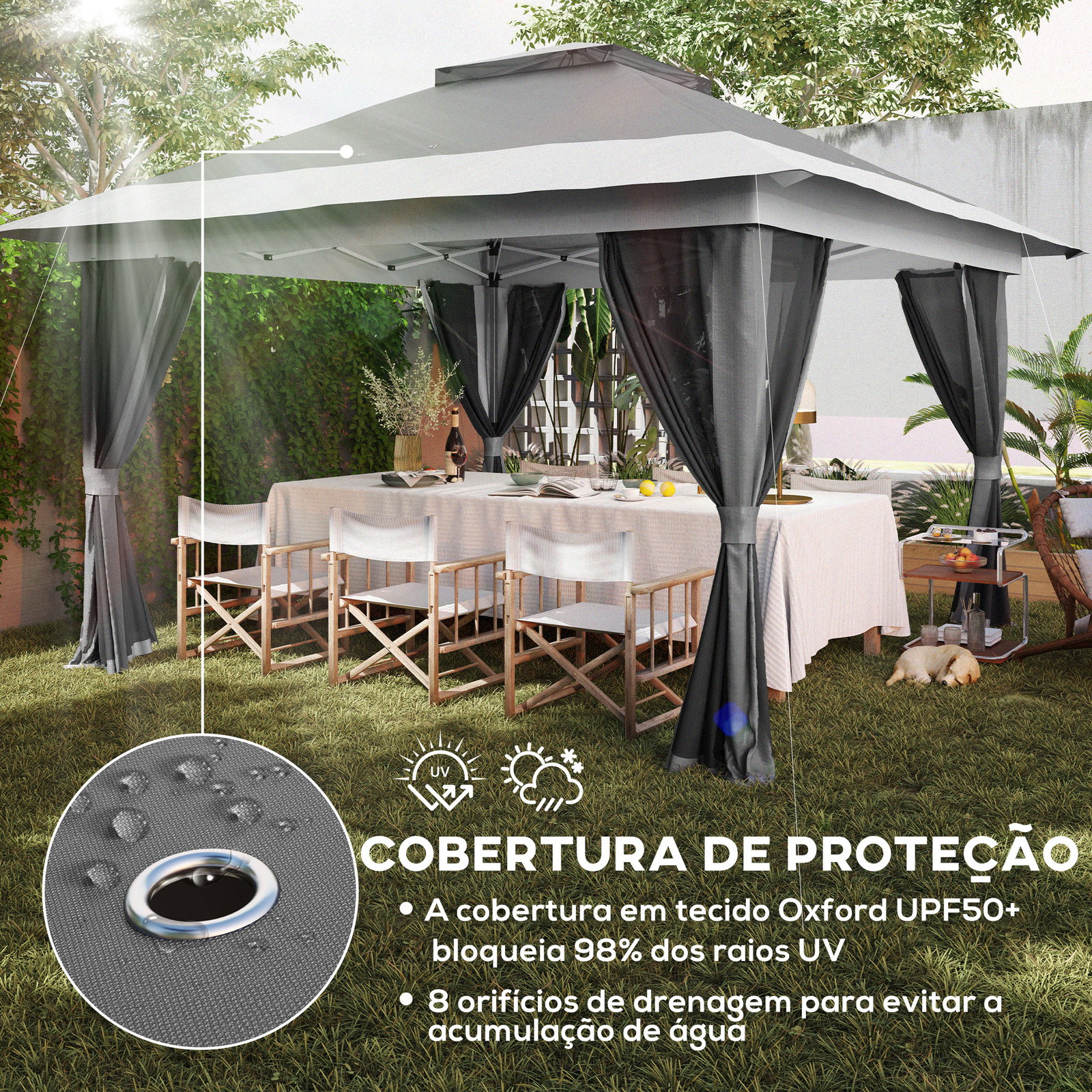 Pérgola dobrável 356x356x280 cm com 4 paredes laterais de malha anti-UV altura ajustável e bolsa de transporte cinza escuro