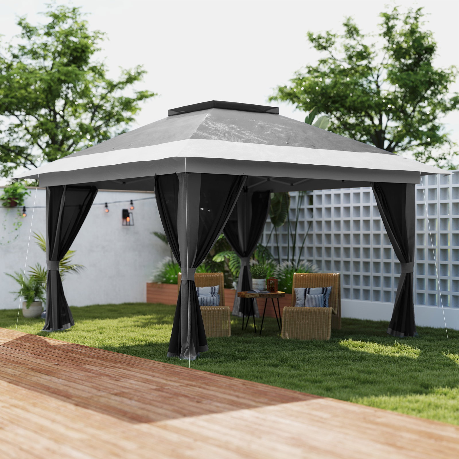 Pérgola dobrável 356x356x280 cm com 4 paredes laterais de malha anti-UV altura ajustável e bolsa de transporte cinza escuro