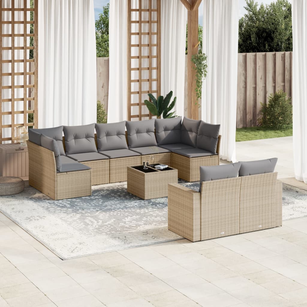 10 Pcs conjunto de sofás p/ jardim com almofadões vime PE bege