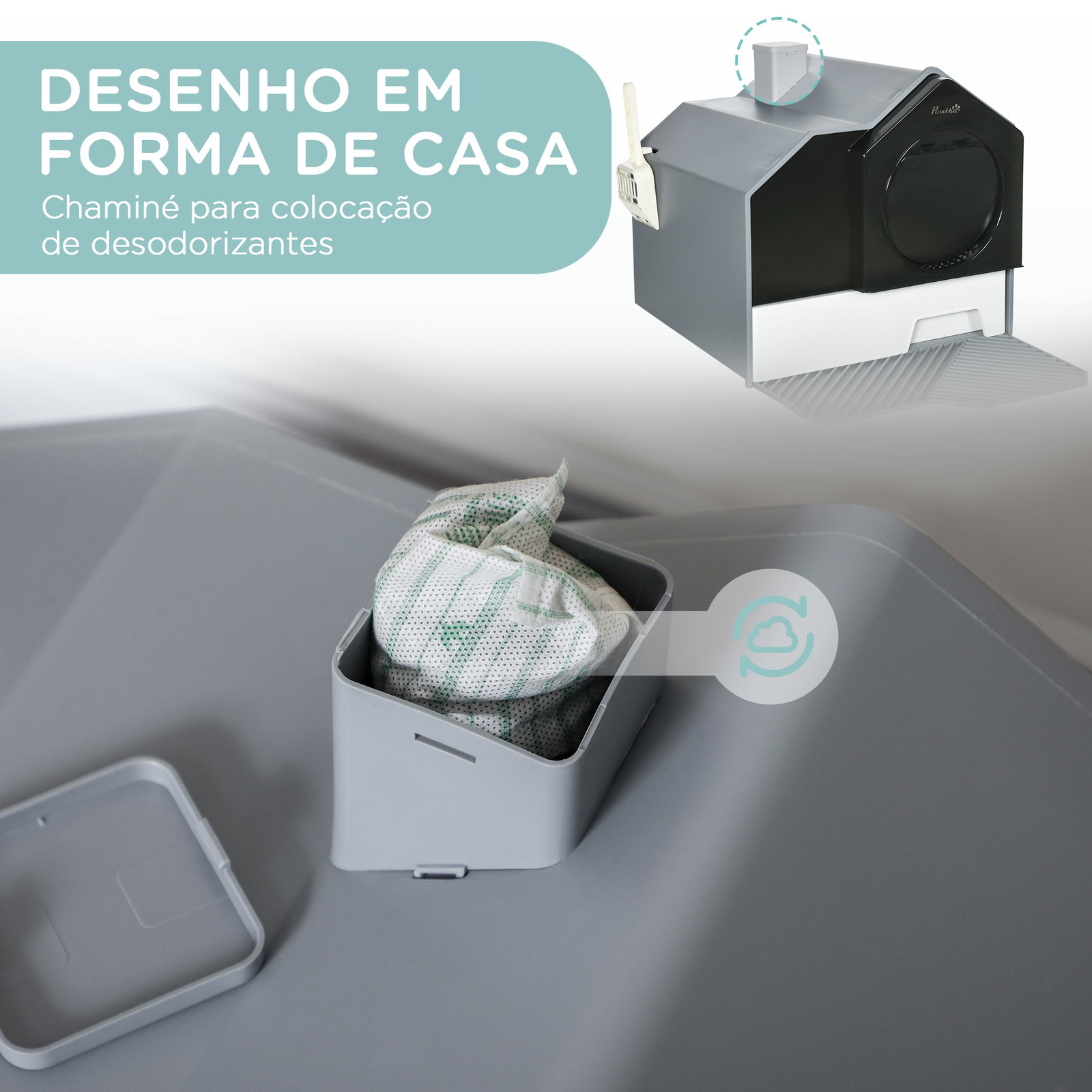 Caixa de areia fechada para gatos com bandeja amovível pá e filtro desodorizante 47x45x42 cm cinza