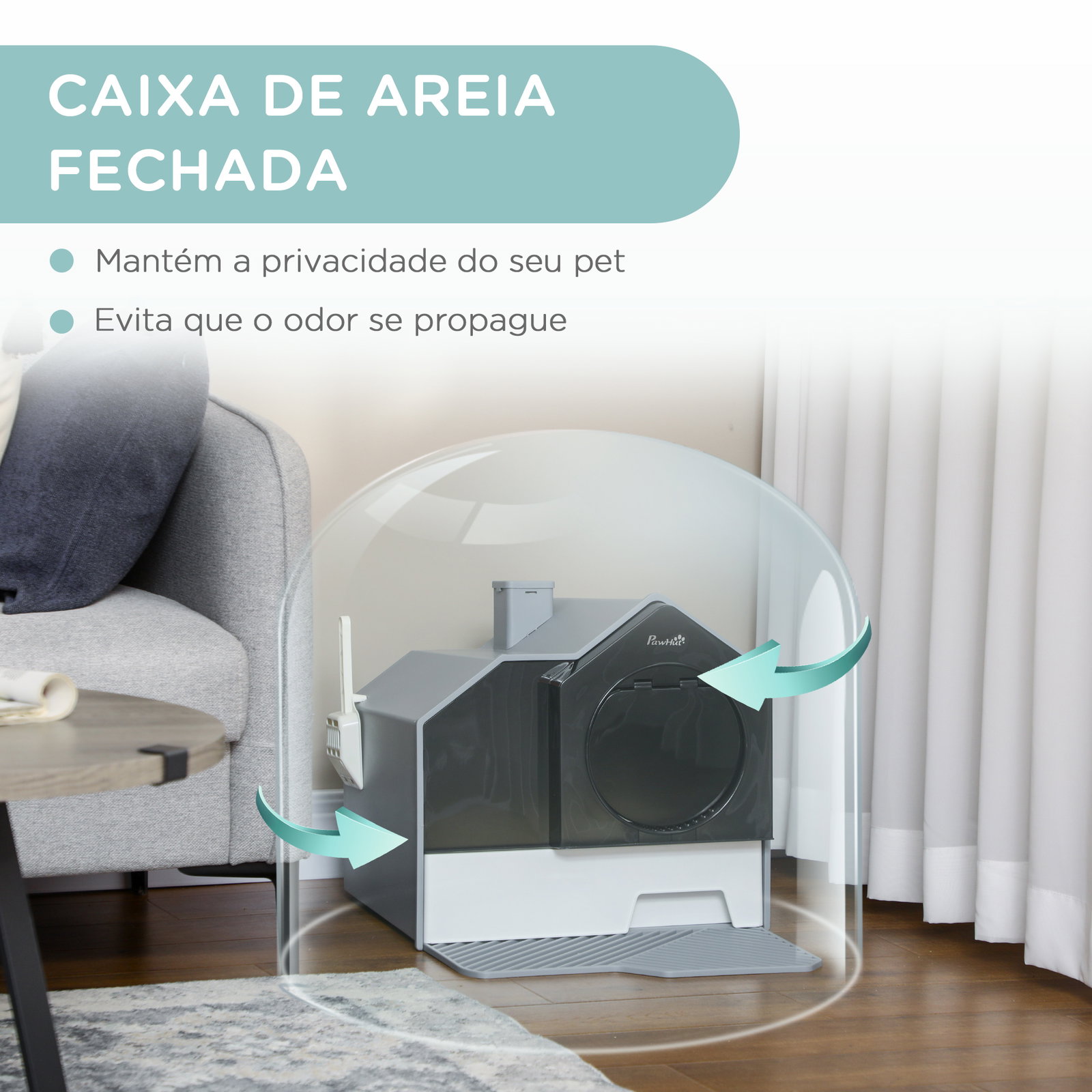 Caixa de areia fechada para gatos com bandeja amovível pá e filtro desodorizante 47x45x42 cm cinza