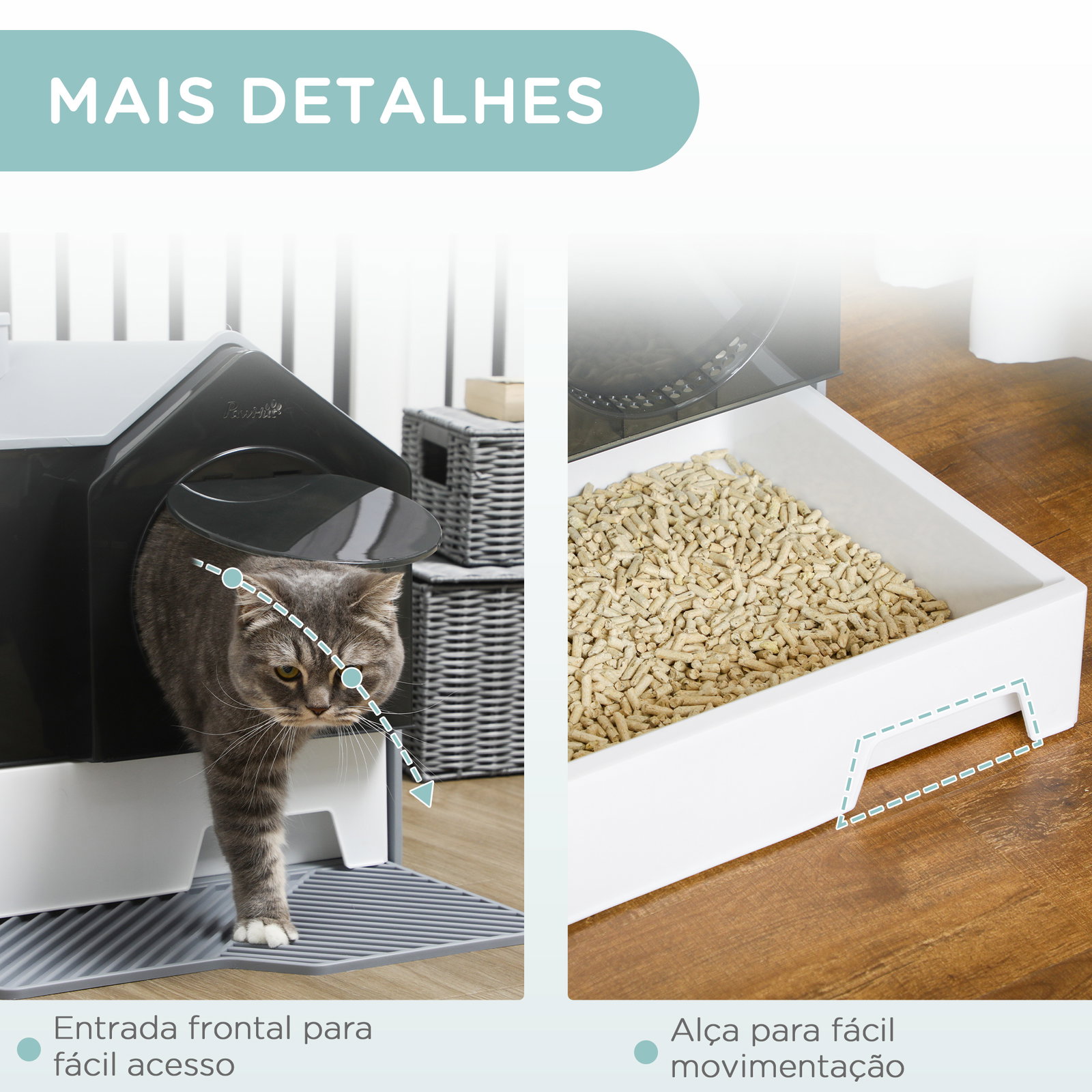 Caixa de areia fechada para gatos com bandeja amovível pá e filtro desodorizante 47x45x42 cm cinza