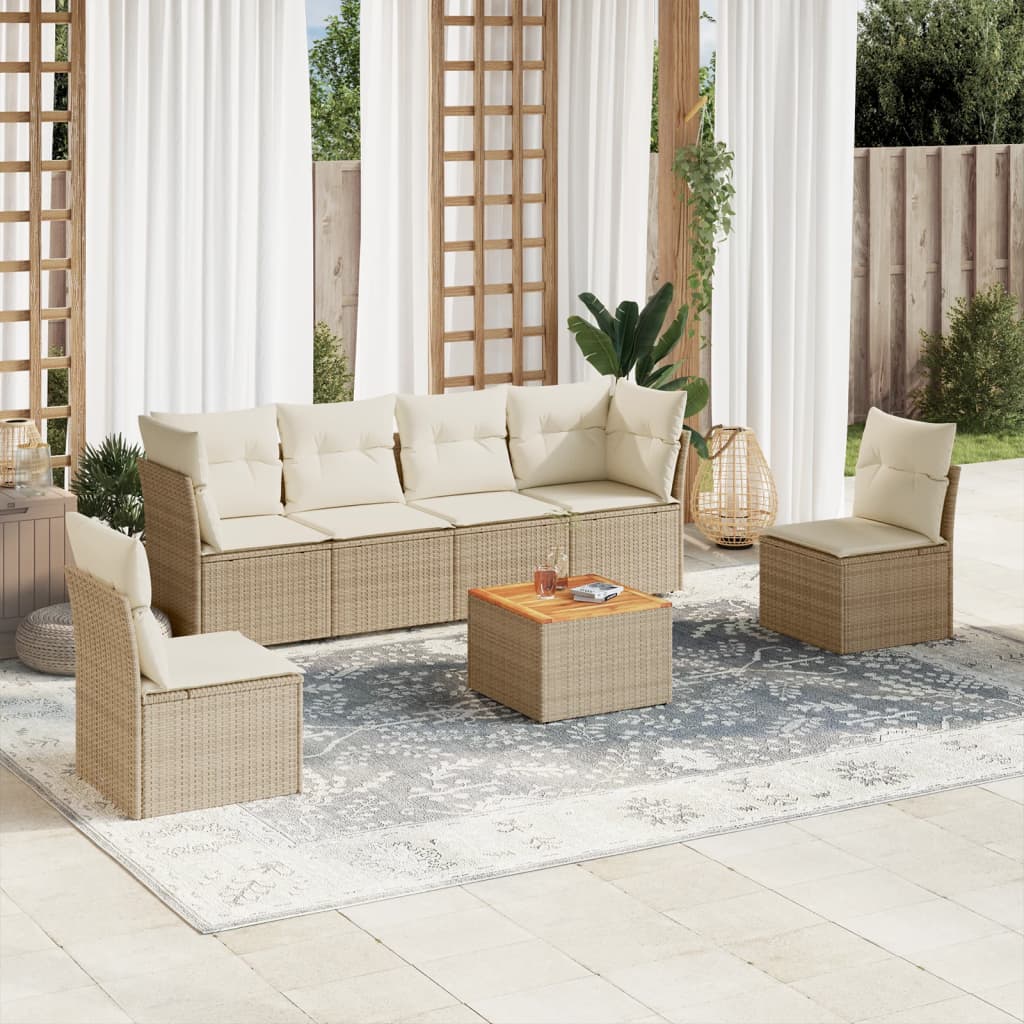 7 Pcs conjunto de sofás p/ jardim com almofadões vime PE bege
