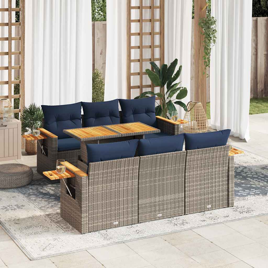 7 Pcs conjunto sofás p/ jardim c/ almofadões vime PE cinzento
