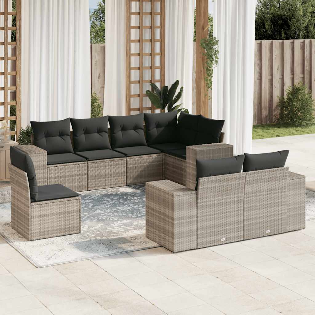 8 Pcs conj. sofás jardim c/ almofadões vime PE cinzento-claro