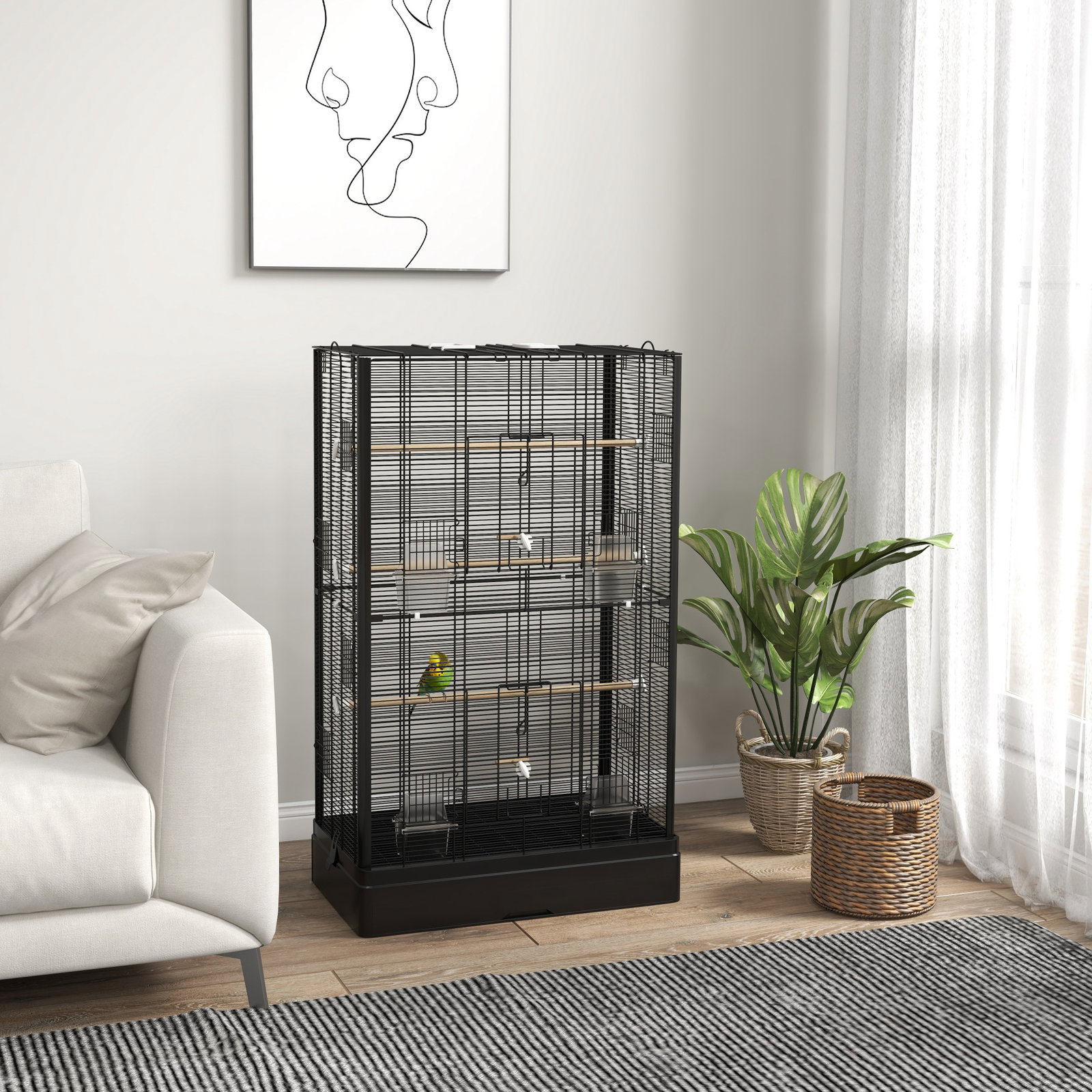 Gaiola para pássaros 61x36,5x98 cm com portas poleiros bandeja removível e alças para canários periquitos preto