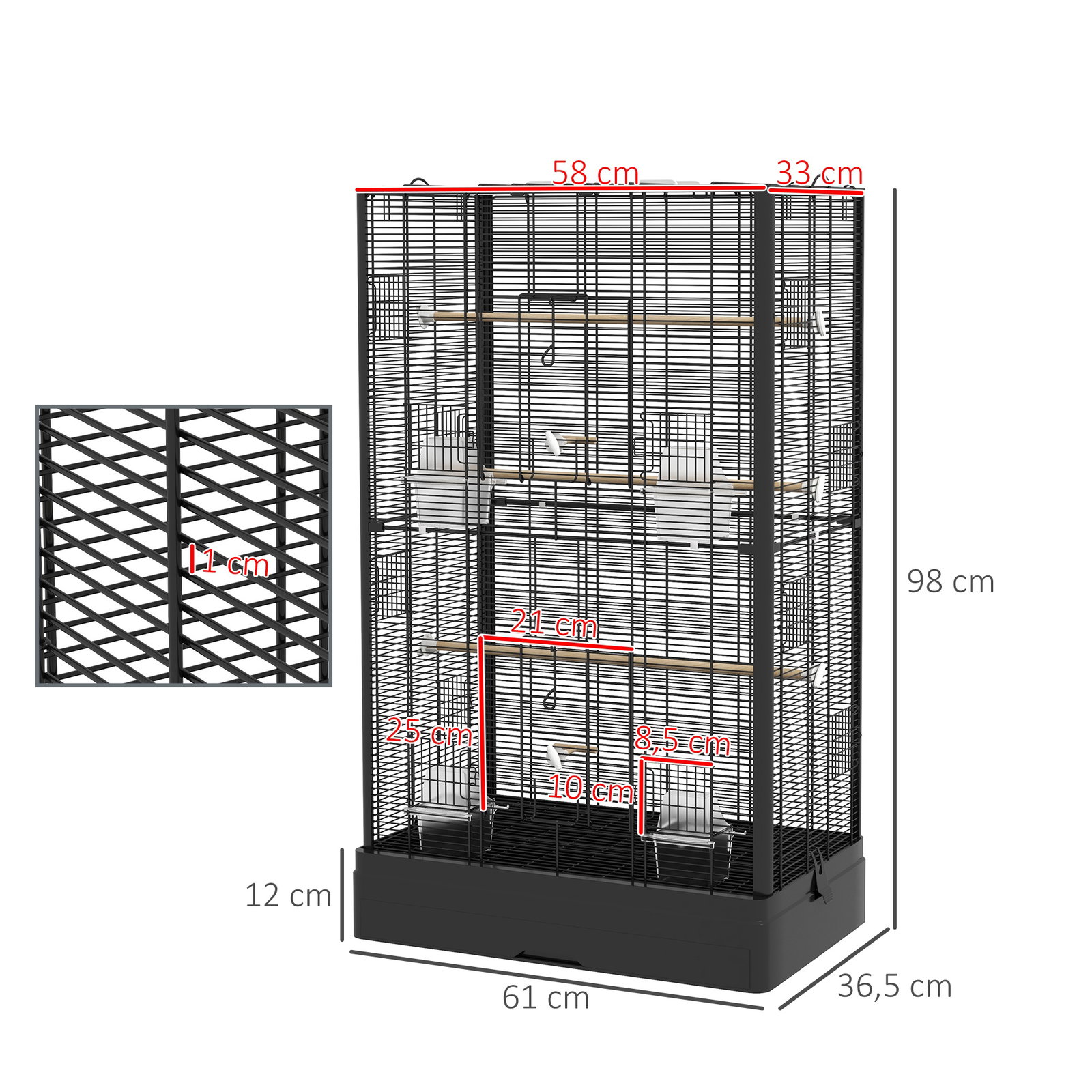Gaiola para pássaros 61x36,5x98 cm com portas poleiros bandeja removível e alças para canários periquitos preto
