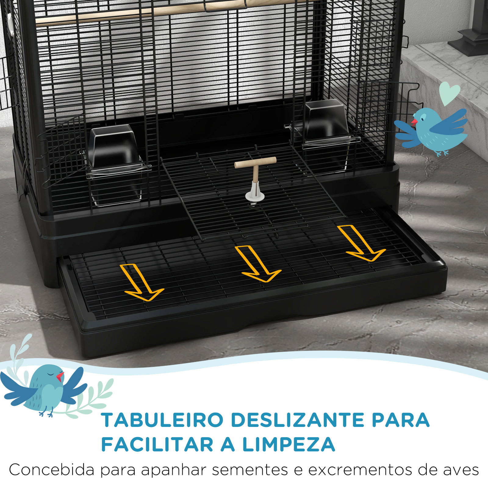 Gaiola para pássaros 61x36,5x98 cm com portas poleiros bandeja removível e alças para canários periquitos preto