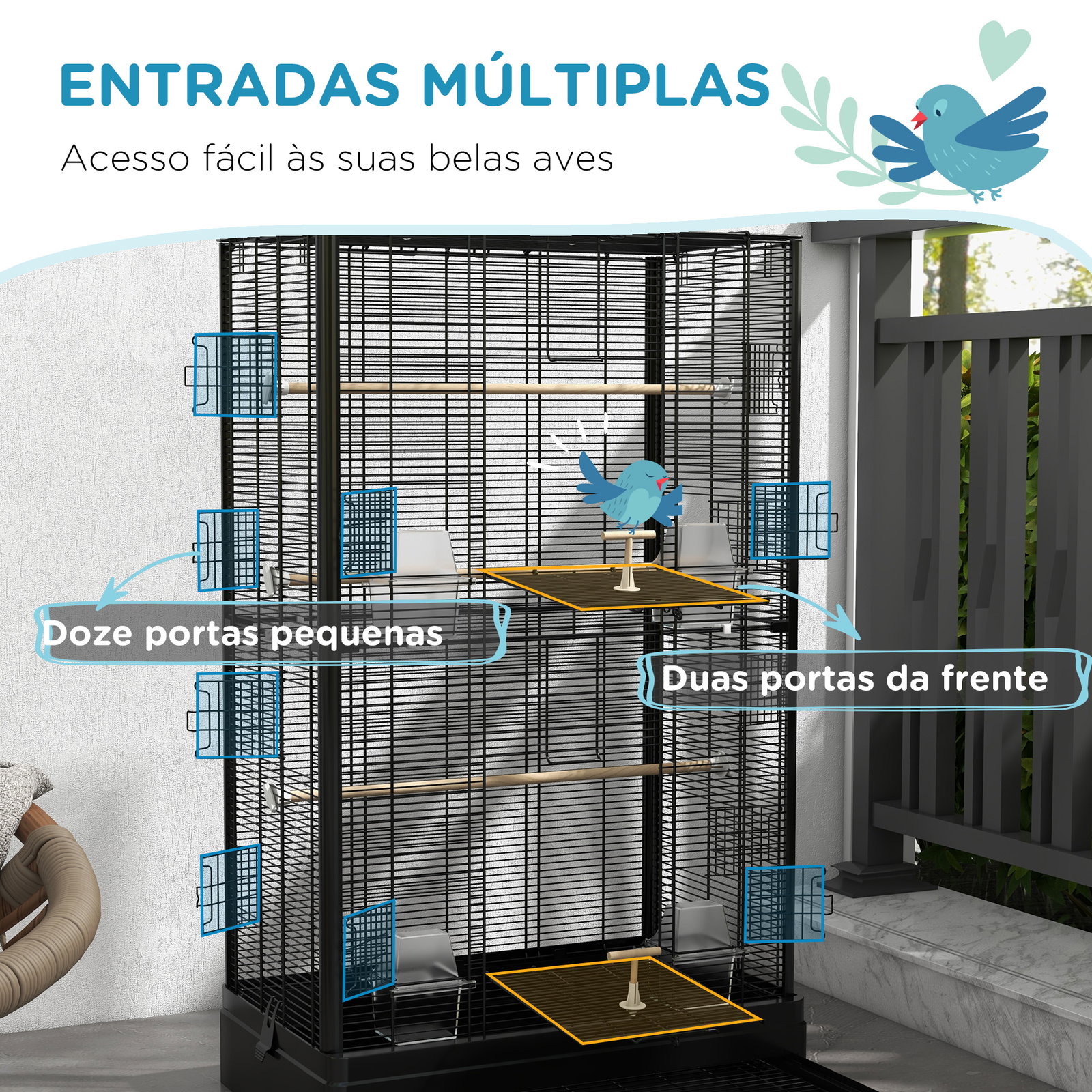 Gaiola para pássaros 61x36,5x98 cm com portas poleiros bandeja removível e alças para canários periquitos preto