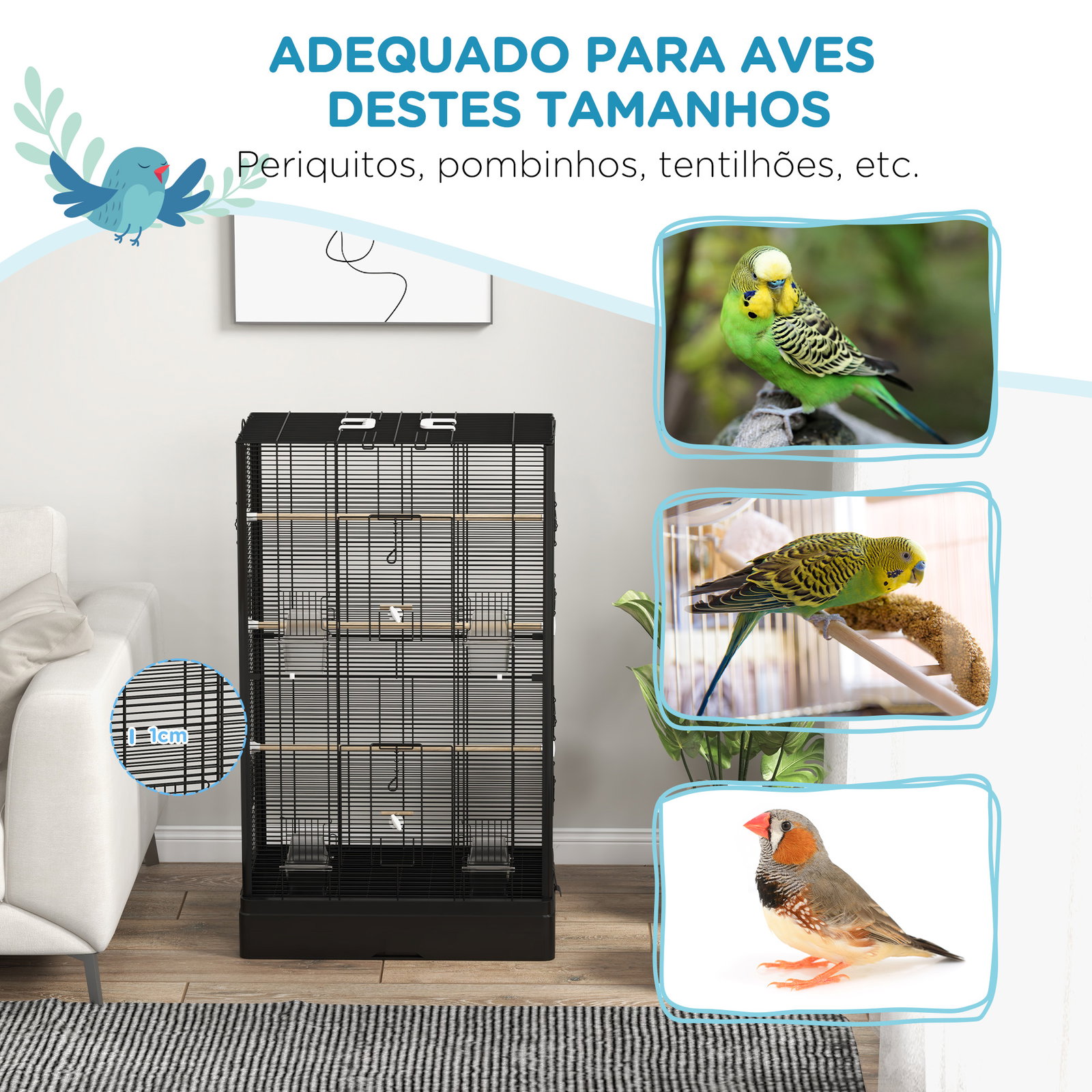 Gaiola para pássaros 61x36,5x98 cm com portas poleiros bandeja removível e alças para canários periquitos preto