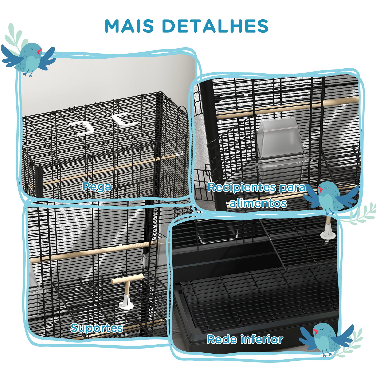 Gaiola para pássaros 61x36,5x98 cm com portas poleiros bandeja removível e alças para canários periquitos preto