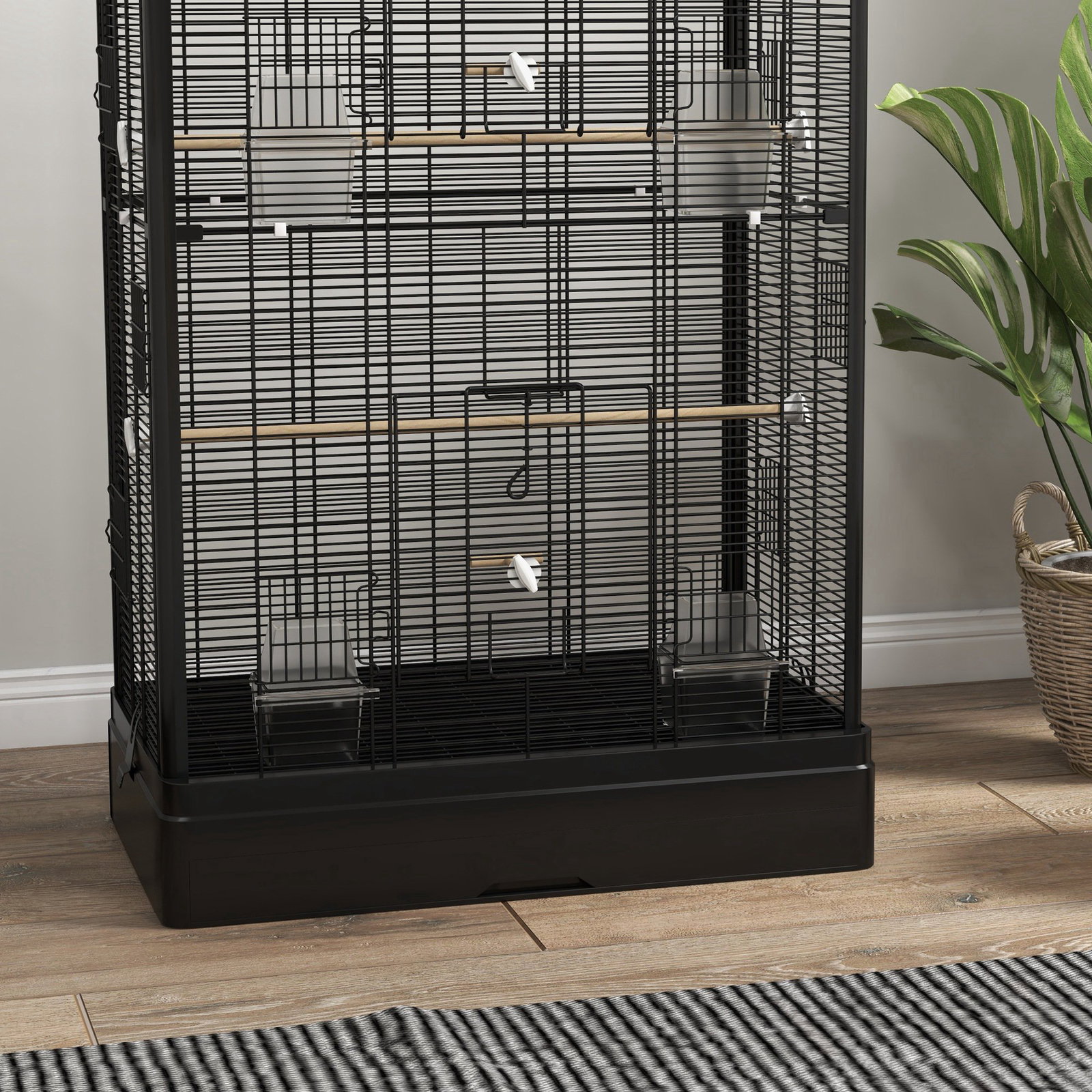 Gaiola para pássaros 61x36,5x98 cm com portas poleiros bandeja removível e alças para canários periquitos preto