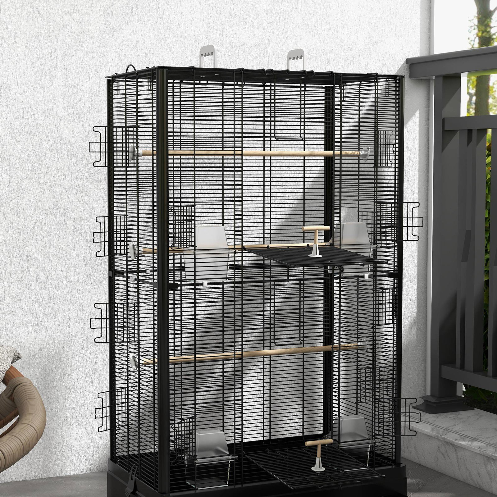 Gaiola para pássaros 61x36,5x98 cm com portas poleiros bandeja removível e alças para canários periquitos preto