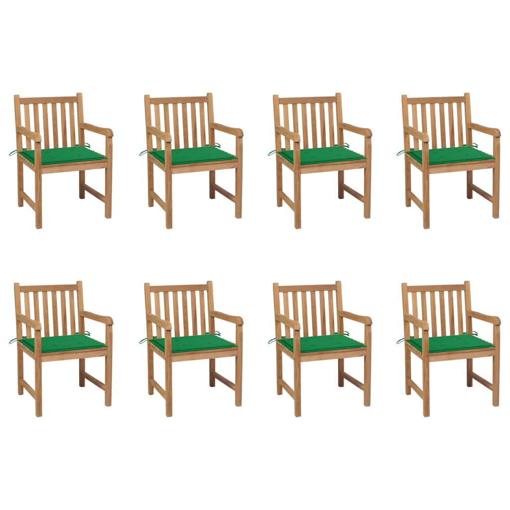 Cadeiras de jardim c/ almofadões verde 8 pcs teca maciça