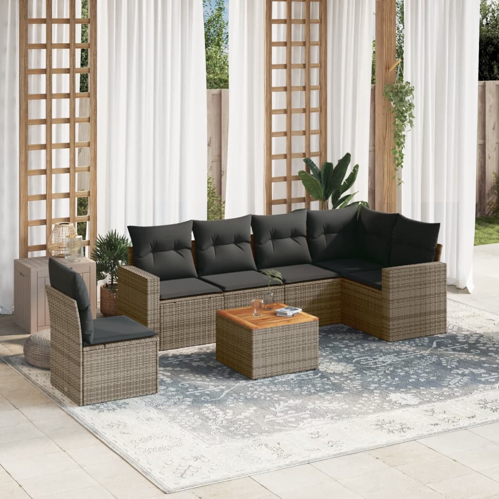 7 Pcs conjunto sofás p/ jardim c/ almofadões vime PE cinzento